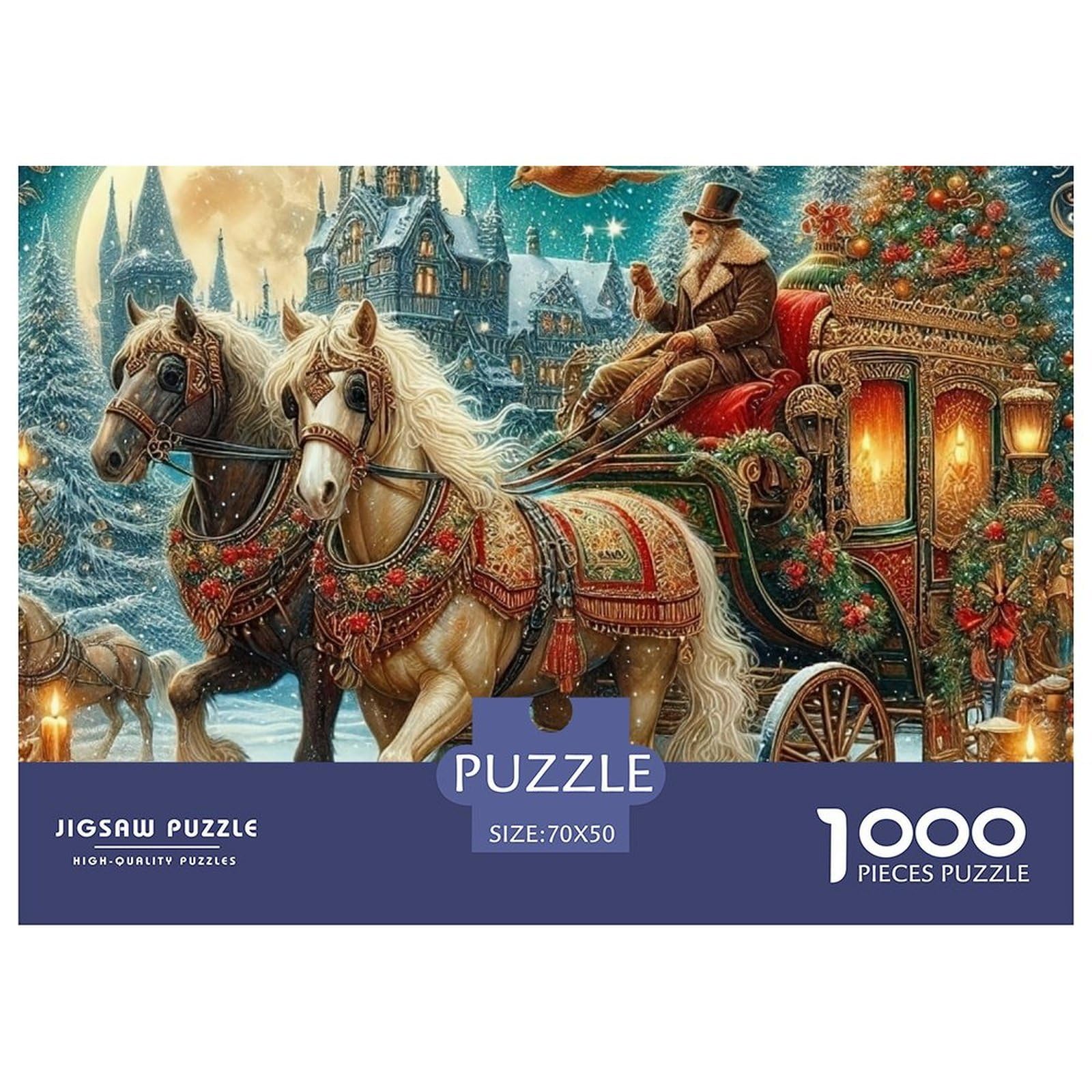 Christmas Carriage 1000 Pieces Puzzle for Adults & Kids | Detailed -Cat Horse Christmas Carriage Impossible Hard Challenging Great Gift Idea70x50cm/1000pcs
