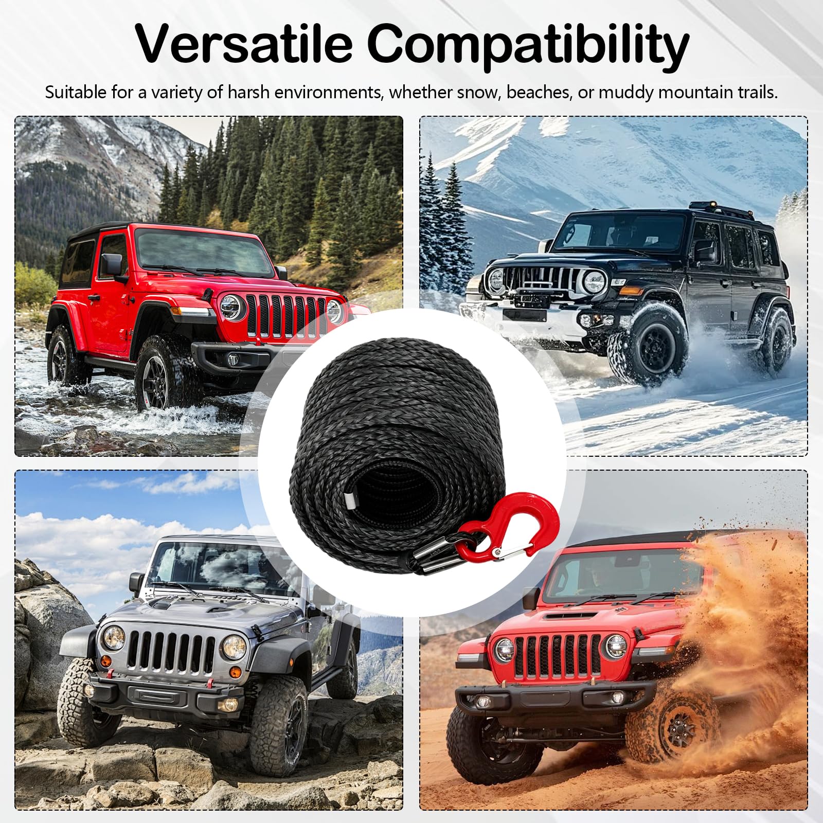 Cuerda de Remolque para Coche, Cabestrante 15m Largo 8mm Diámetro Cuerda Sintética de 12 Hilos 6000kg / 13228 Libra Cuerda de Plástico Cuerda de Remolque con Gancho Metálico para SUV ATV UTV, Negro