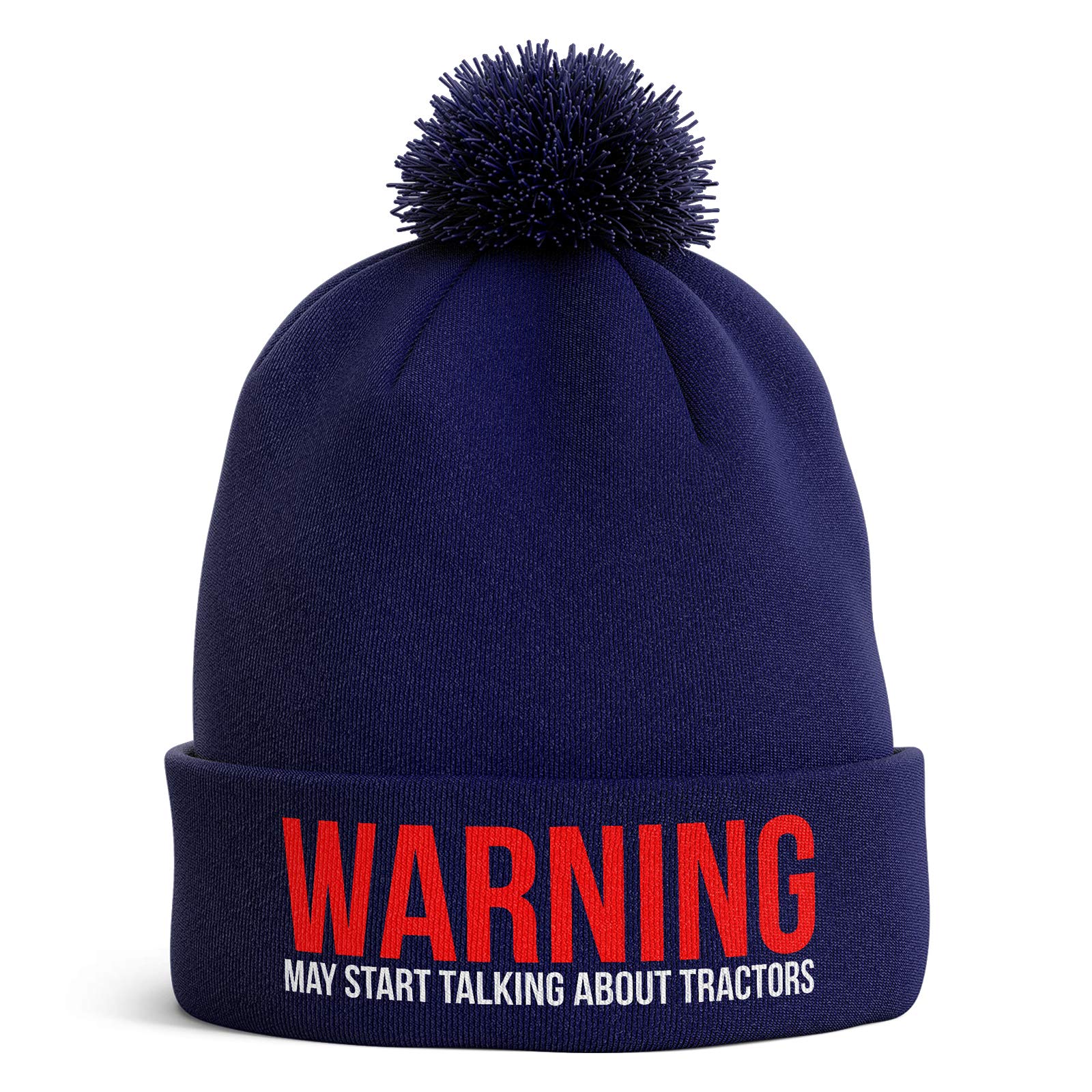 Purple Print House Farming Gifts - Warning May Start Talking About Tractors Funny Beanie Hat - Tractor Gifts Farmers Gifts (Navy Blue Bobble)