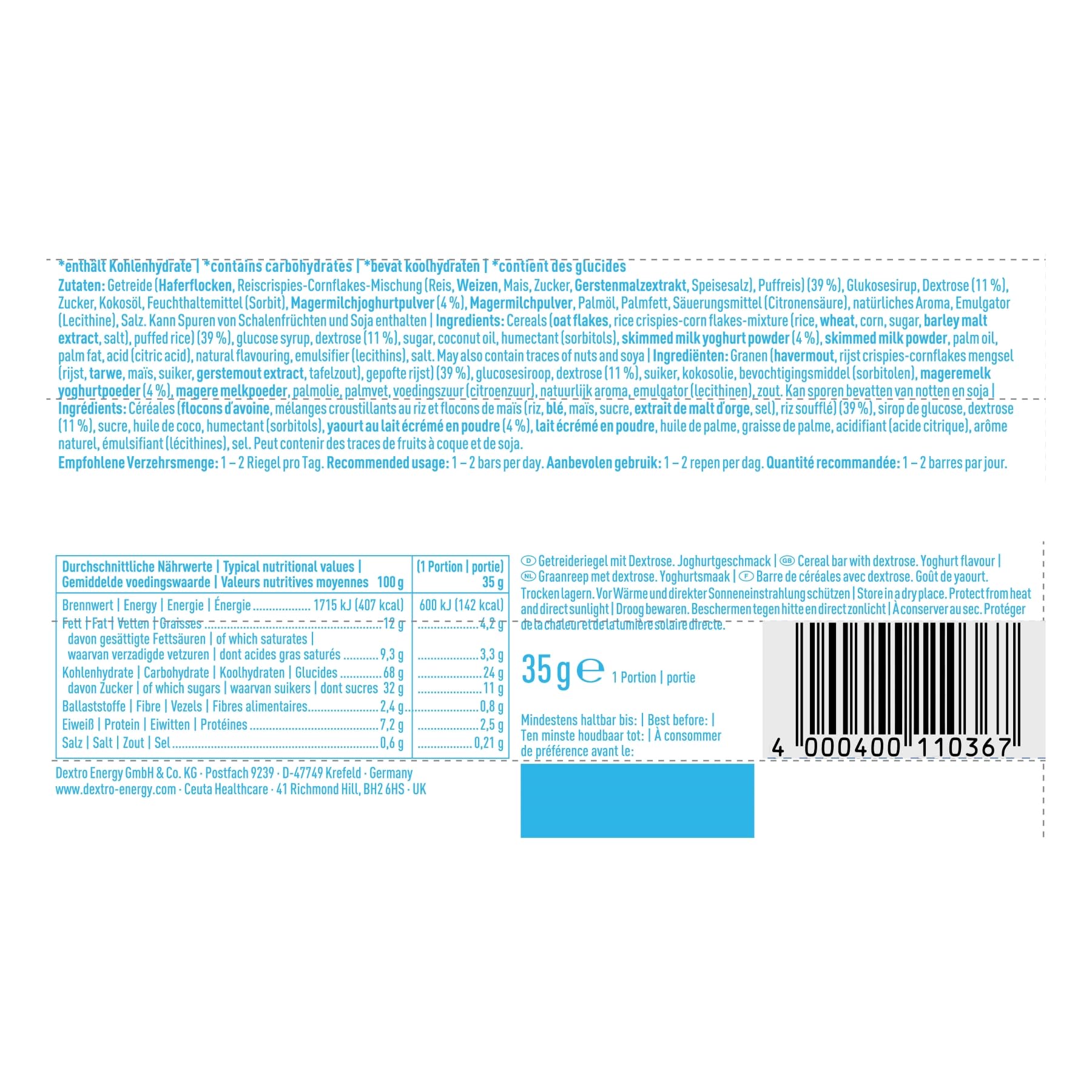 Dextro Energy Müsliriegel Joghurt - 25x35g (25er Pack) - Leckerer Getreideriegel als Alternative zum Schokoriegel, zur schnellen und langanhaltenden Kohlenhydratversorgung