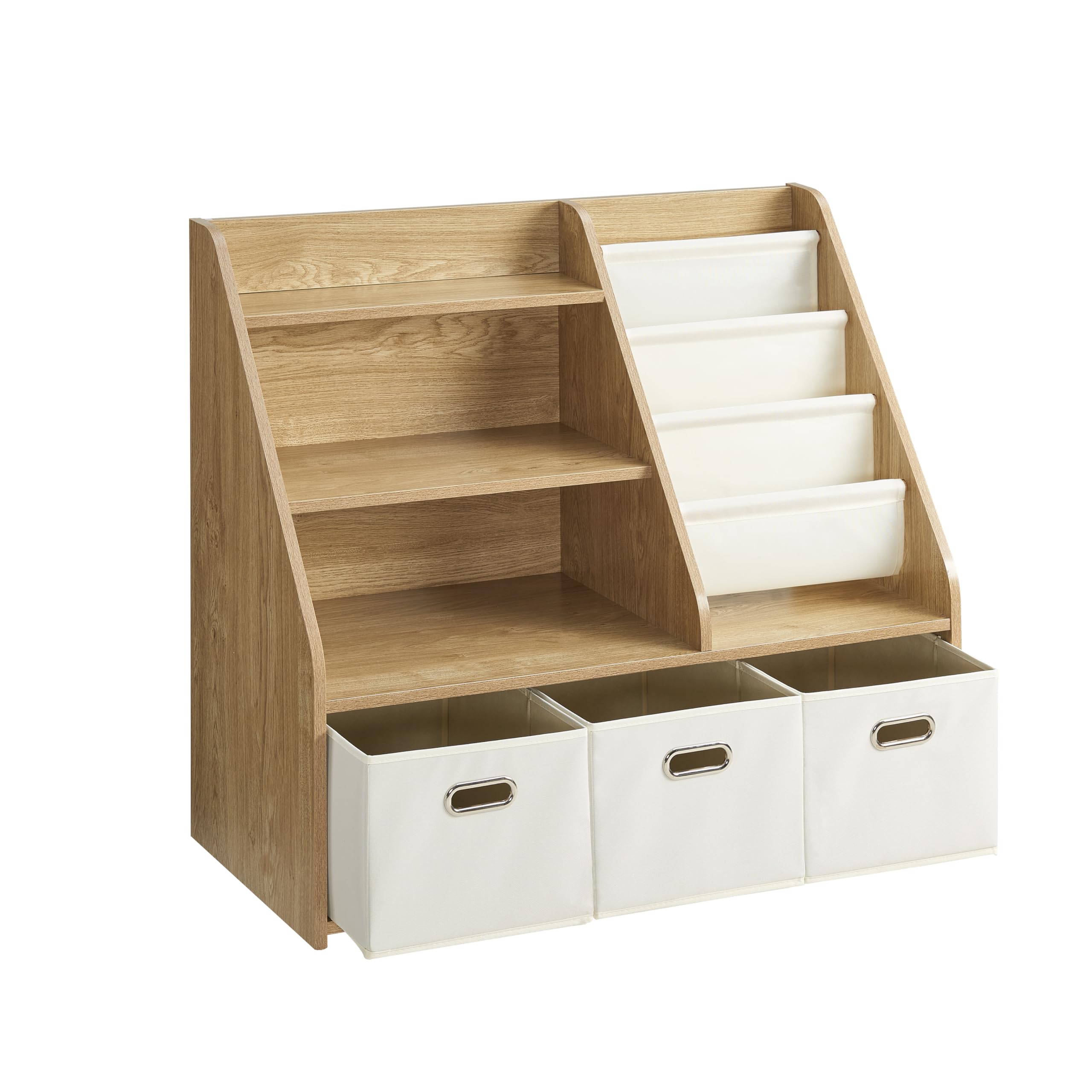 EFURDEN Children's Bookcase with 4 Levels and 3 Drawers – Wooden Toy Organizer, Montessori Bookcase for Bedroom, Nursery and Playroom