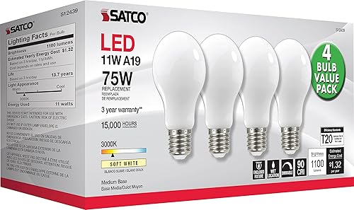 Miniatura 5 de Satco S12439 A19 - Paquete económico de 4 bombillas LED, reemplazo de 75 W, 3000 K, color blanco