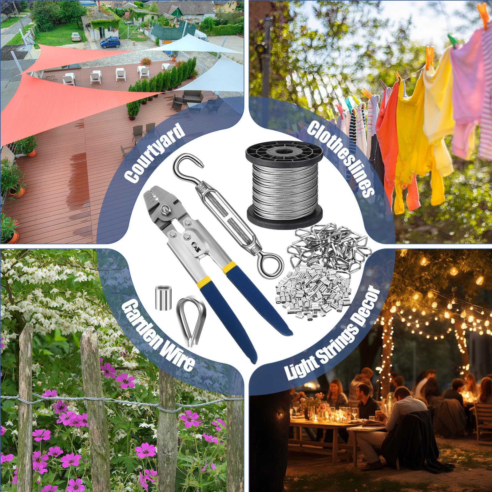 Kit di 264 pezzi da 100 m per crimpatura di funi metalliche, gancio e occhiello, in acciaio inox, ditale per fune metallica in alluminio, per esterni, giardino, cucina, ringhiera, kit per