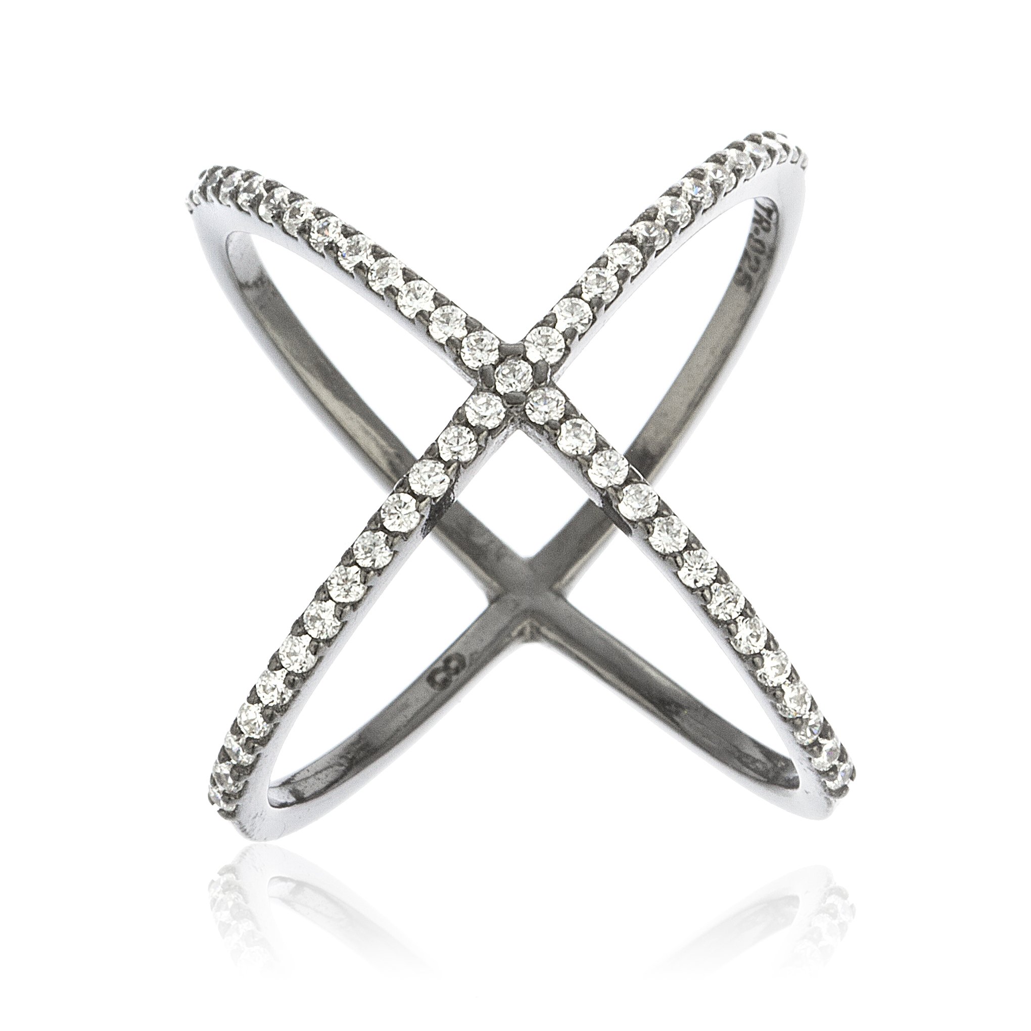 Ladies Sterling Silver Black Plated Criss Cross 'X' Ring with Cubic Zirconia Stones (6) (I-24466)