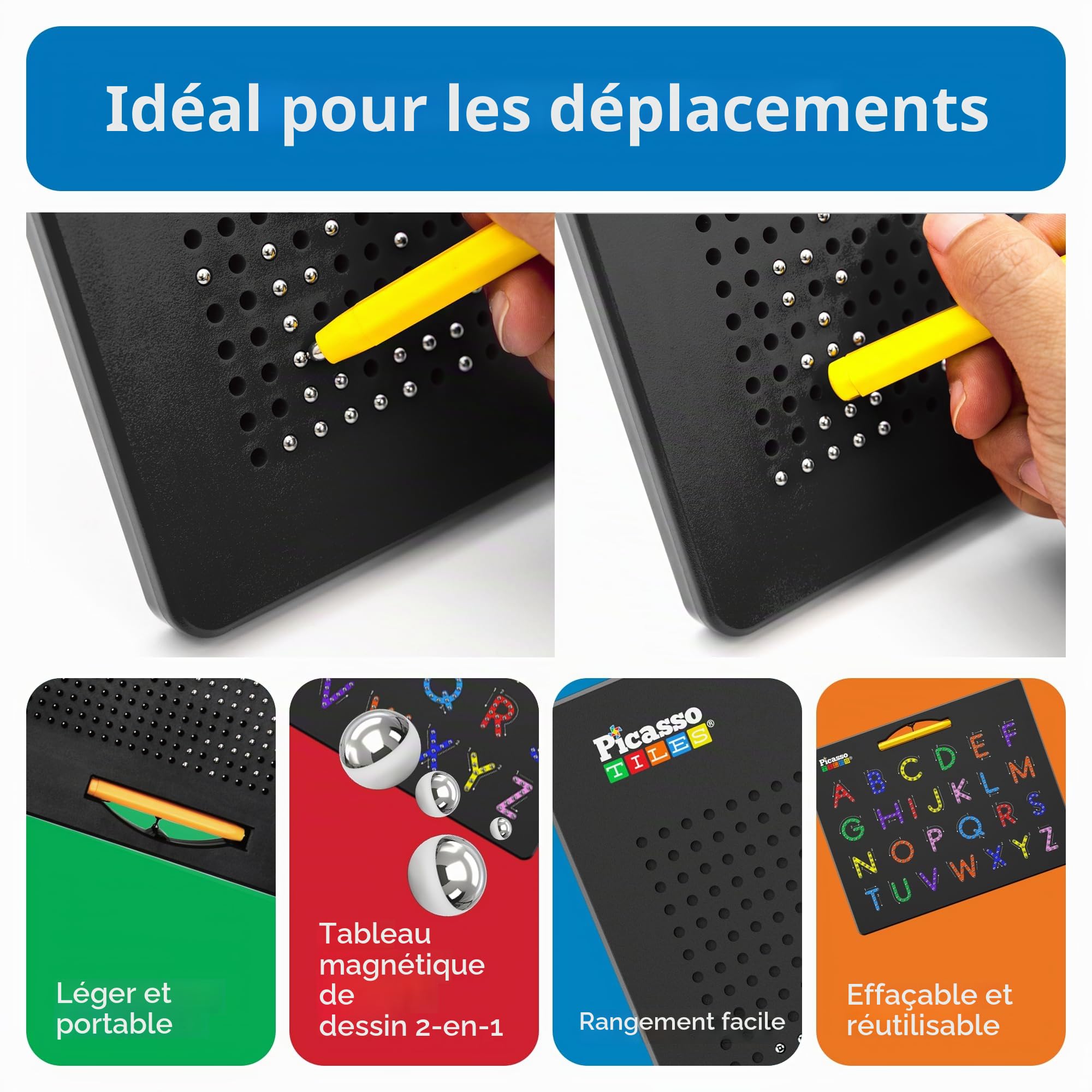 PicassoTiles Tableau alphabet magnétique double face 2 en 1 ABC A-Z lettres majuscules et lettres minuscules tableau de lecture 30 x 25 cm grand support magnétique pour tablette ensemble ouvert
