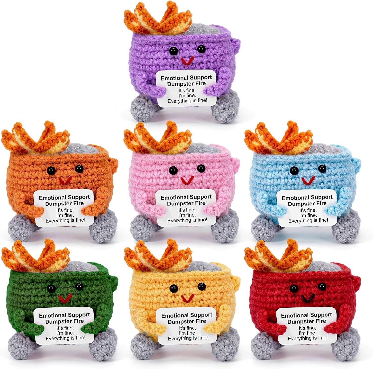 7 PCS Emotional Support Dumpster Fire Crochet with Positive Card, Cute Handmade Desk Accessories, Stress Relief Birthday Coworker Gifts for Women Men, Funny Office Decor