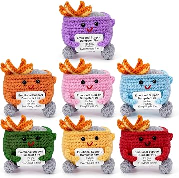 7 PCS Emotional Support Dumpster Fire Crochet with Positive Card, Cute Handmade Desk Accessories, Stress Relief Birthday Coworker Gifts for Women Men, Funny Office Decor