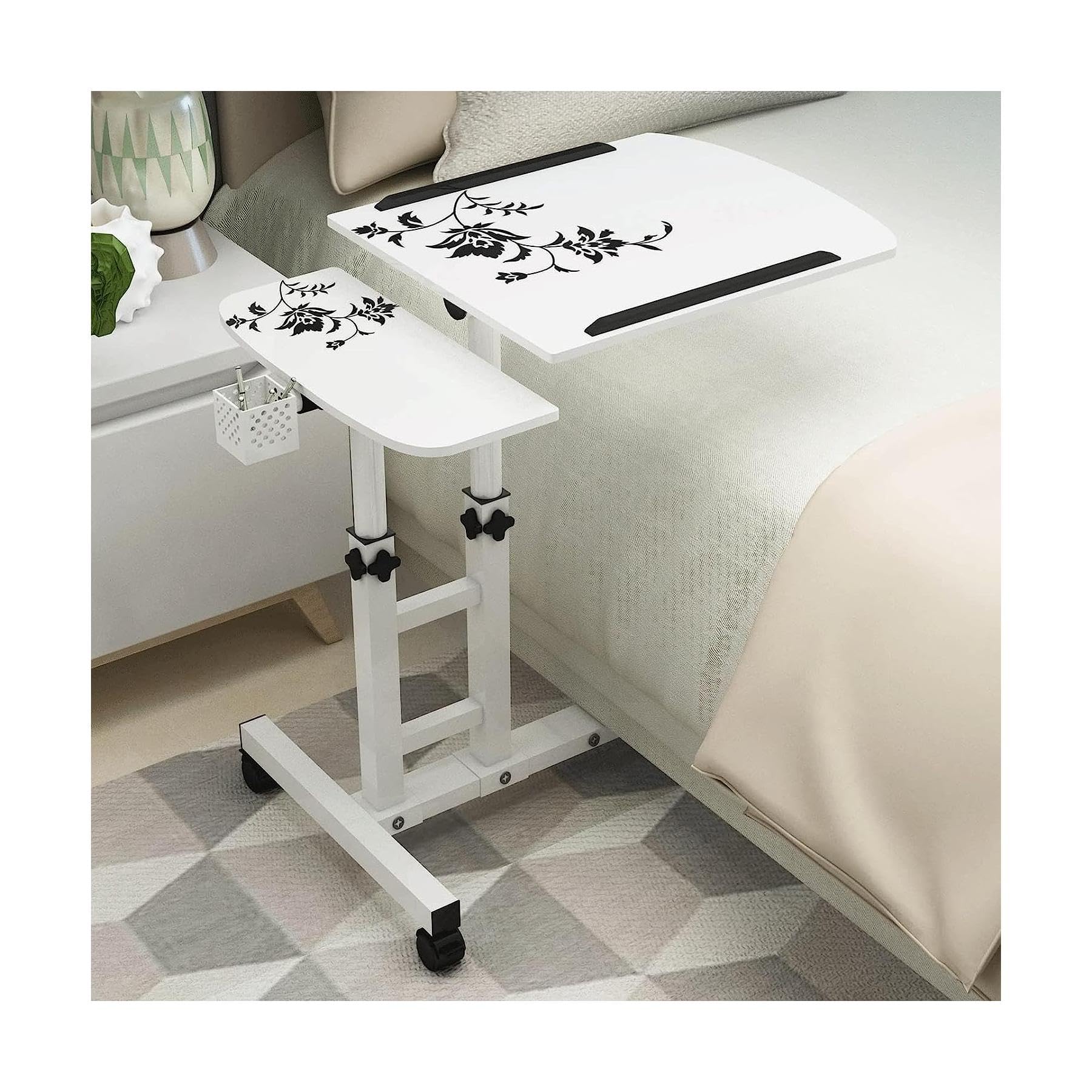 Table de lit réglable en hauteur et bureau d'appoint mobile en acier sur roulettes pour ordinateur