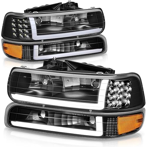 Auto Dynasty 4PCS LED DRL Headlights Assembly and Bumper Lamps Compatible with Chevy Silverado Suburban 1500 2500 3500 Tahoe 99-06, Driver and Passenger Side, Black Housing Amber Corner