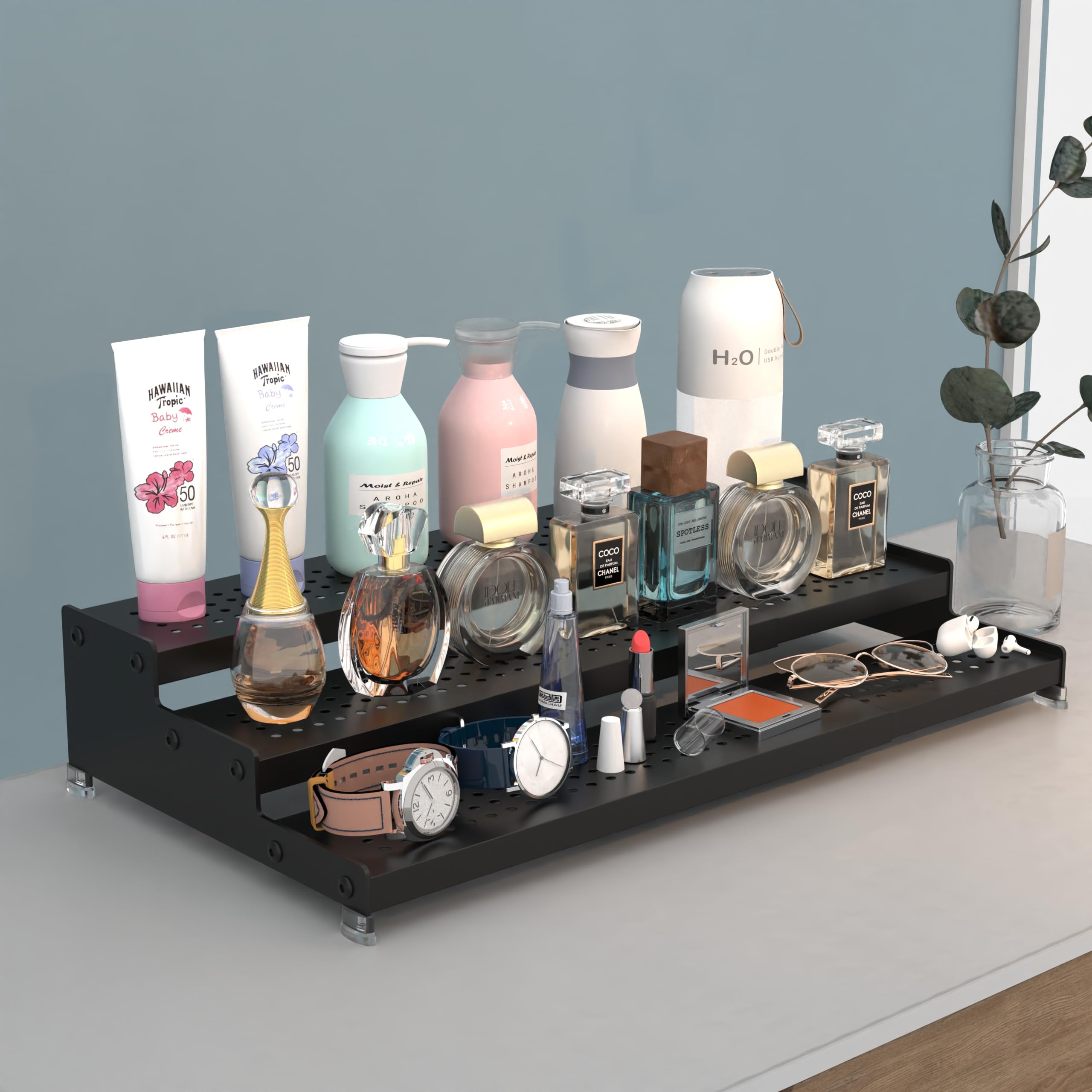 Organizador expandible para especias con estante de 3 niveles, diseño moderno resistente, antideslizante y visibilidad, ideal para armario de cocina, baño, tocador, despensa y más (2 paquetes/negro)