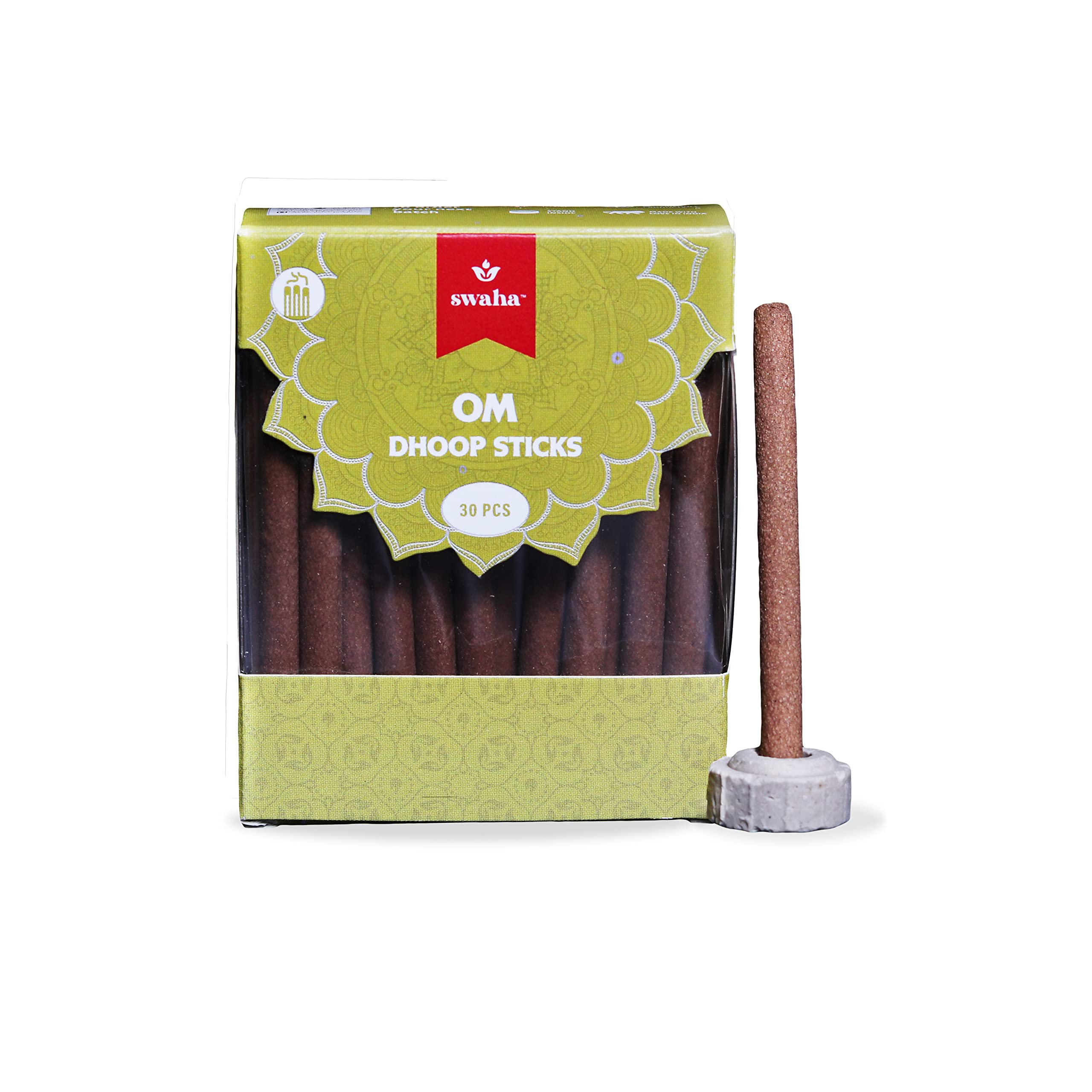 Swaha Om Cylindrical Dhoop Stick (Set of 30), Long Lasting Sandalwood & Floral Fragrance Incense Sticks, Bamboo Less Eco Friendly Agarbatti Sticks - Pack of 1