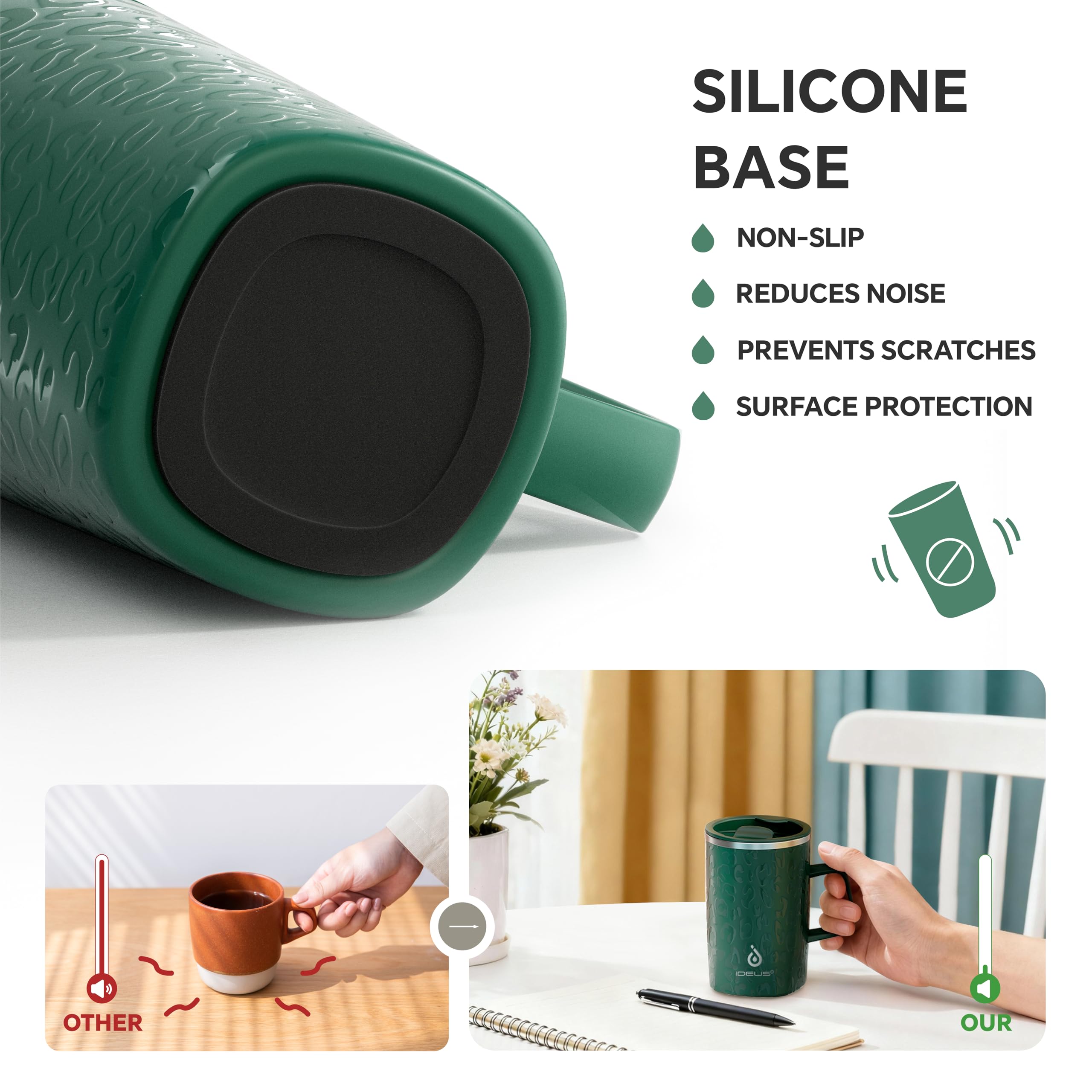 Ideus Tazza da caffè isolata sottovuoto, 470 ml, riutilizzabile, in acciaio inox, a doppia parete, con manico e coperchio scorrevole, per bevande calde e fredde, senza BPA (verde scuro Leapord)