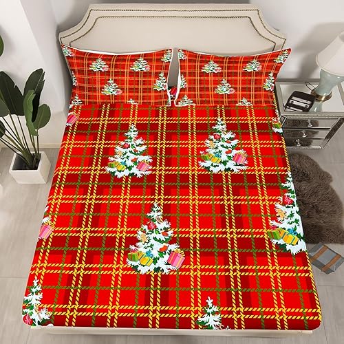 Miniatura 2 de Erosebridal Juego de sábanas para árbol de Navidad, tamaño individual, juego de sábanas de estrellas, sábanas de nieve con líneas de cuadrícula roja