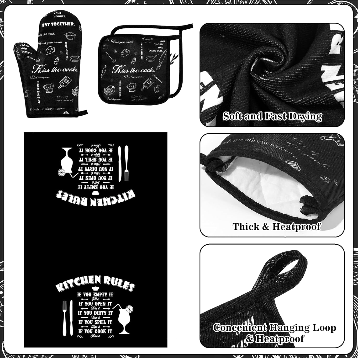 Farmhouse Kitchen Decor and Accessories Set Oven Mitts and Pot Holders Heat Resistant Sets Black White Kitchen Towel Oven Mitts Set for Women Mom Daughter Gift Cooking Baking Grilling Supplies - Image 6