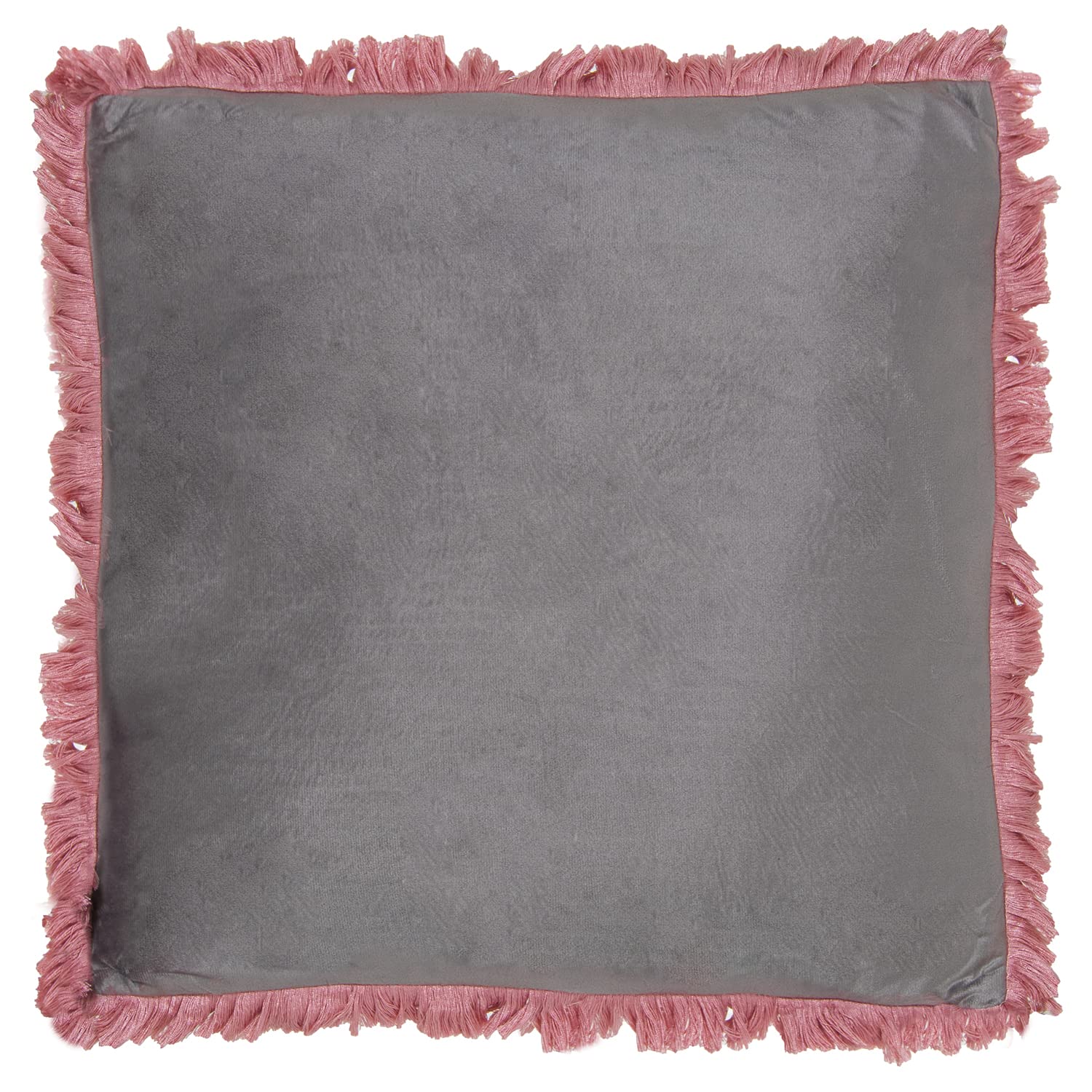 Coussin velours gris franges rose 45x45cm avec fermeture éclair pour chambre ado