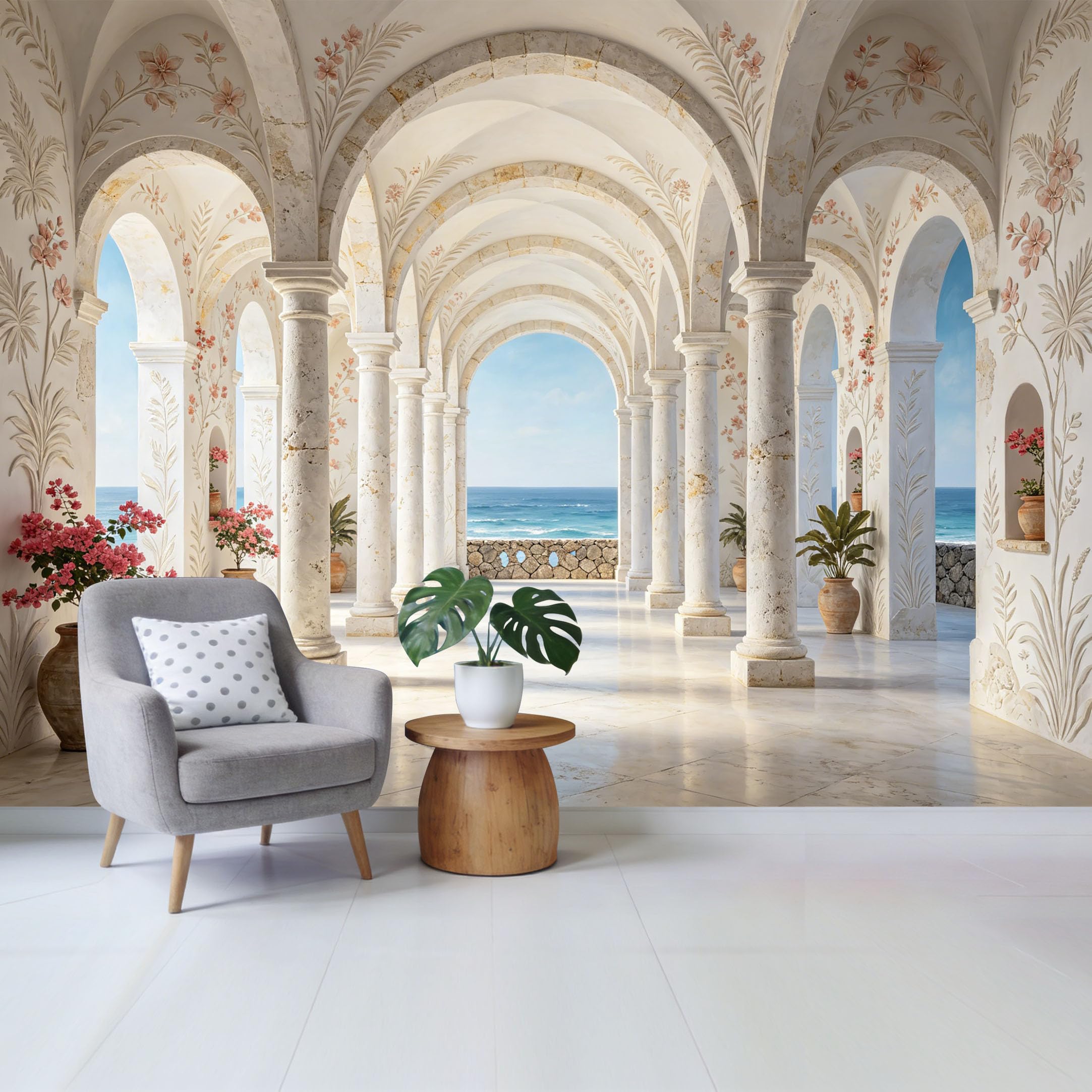 Removable Self Adhesive Fabric Mural， Mediterranean Coastal Stone Archway Custom Size Wall Covering， UV Protected Waterproof Washable Wall Decor for Living Room Bedroom Bathroom
