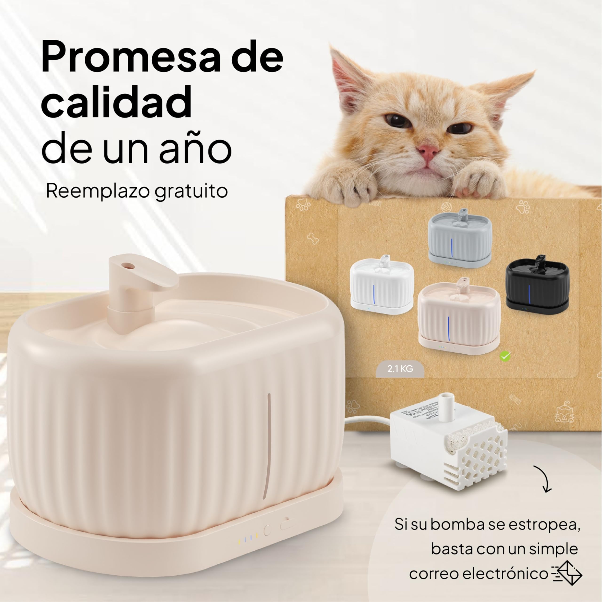Pretty Paw Fuente de Agua para Gatos Inalámbrica 3L con Sensor de Movimiento - Batería Recargable USB, Bomba Silenciosa, Filtro Integrado - Pure Flow MAX (Beige)