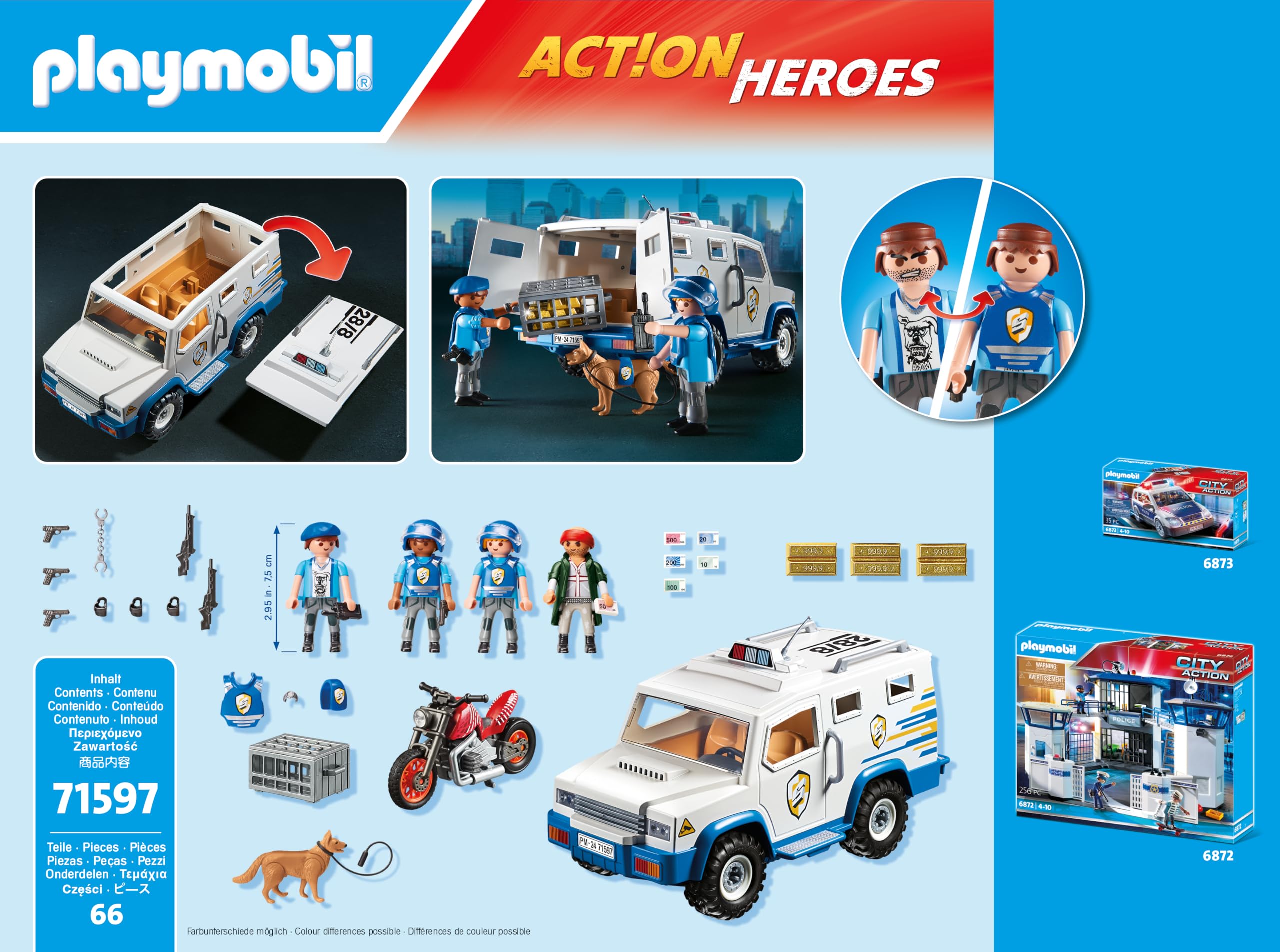 Playmobil71597 Action Heroes: Police Money Transporter, thrilling heist  chase, including three police officers, a crook on a motorcycle, and a  police