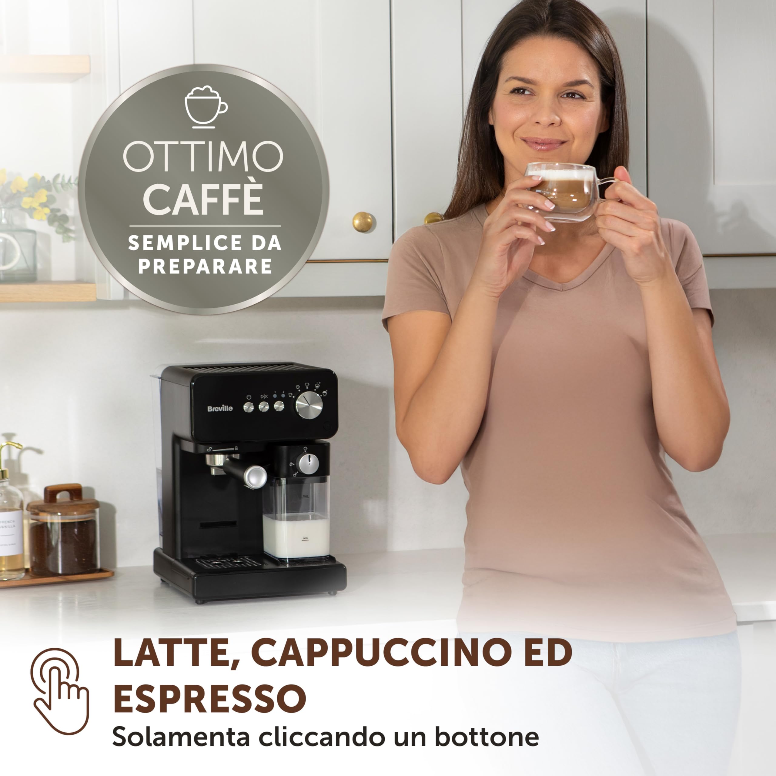 Breville Prima Latte One-Touch Macchina per caffè espresso | Montalatte automatico | Macchina per cappuccino, latte e altro | Pompa italiana da 15 bar | Nero | VCF183X