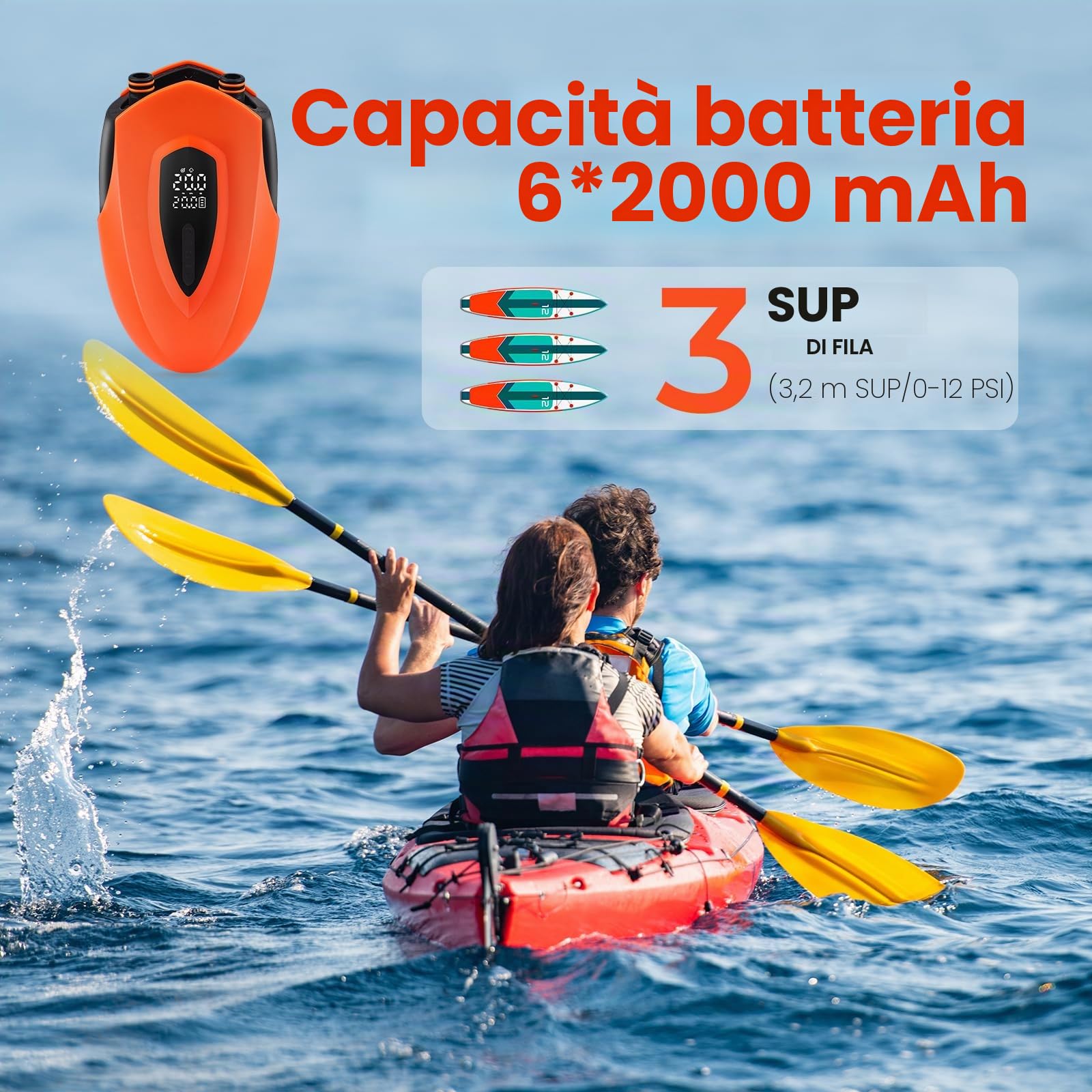 Pompa ad aria elettrica, 20 psi, ad alta pressione, pompa ad aria elettrica SUP, 12000 mAh, batteria ricaricabile, con luce LED, 12 V DC, per gommoni, materassi ad aria