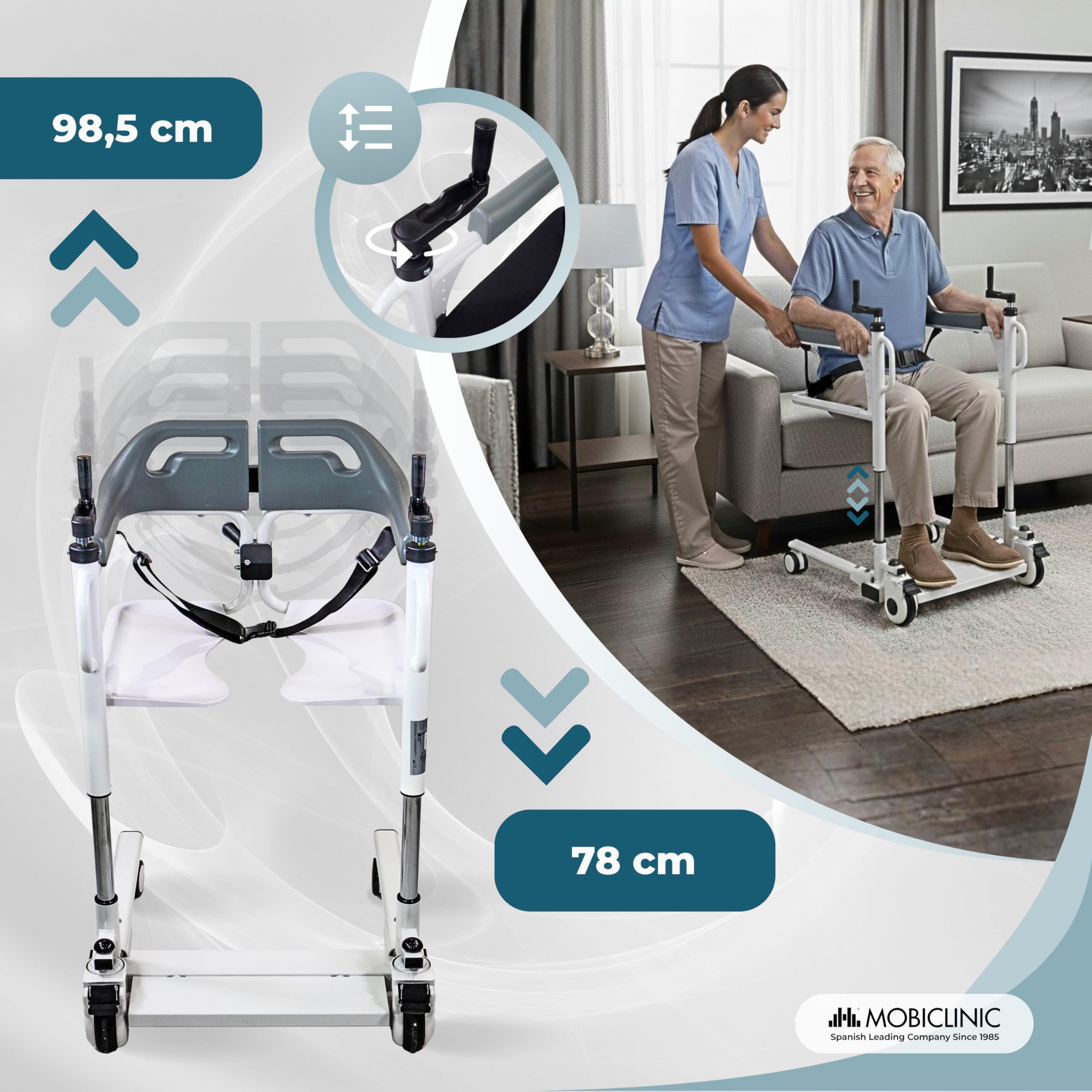 Mobiclinic®, Sedia di Trasferimento, Pappagallo Estraibile, Regolabile in Altezza, Doppio Sistema di Sicurezza, Apertura Laterale, Cuscino, Ruote con Freni, per Letto, Poltrona e WC, Acciaio, Willy