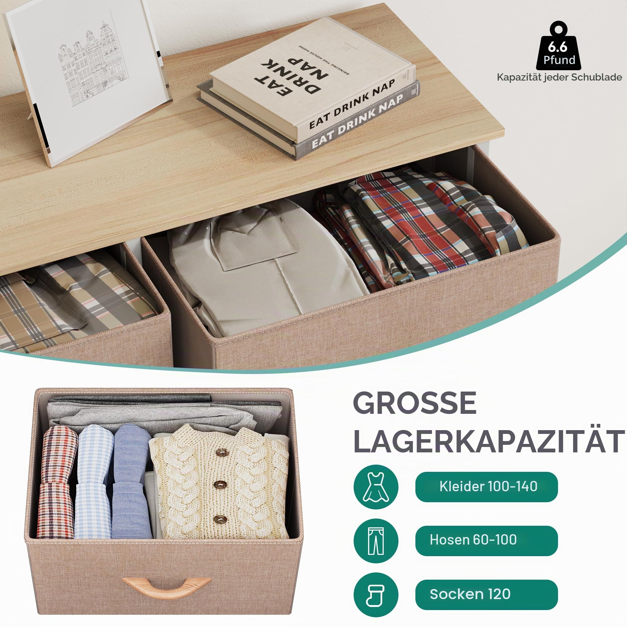 YITAHOME Kommode, Kommode mit 10 Schubladen, Stoffkommode für Schlafzimmer, Wohnzimmer, Schrank,Stabiler Stahlrahmen, Leicht zu Ziehen, Stoffkörbe und Holzoberfläche, Khaki