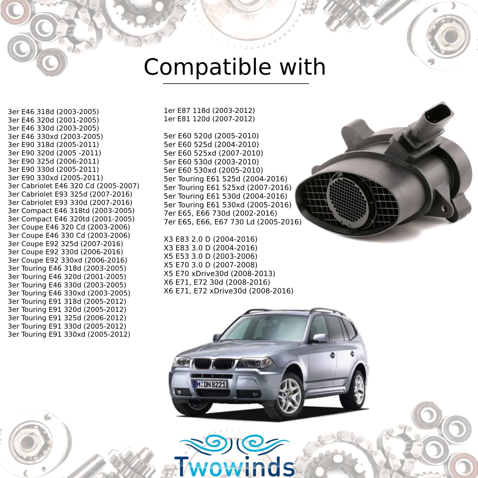 Twowinds - Caudalímetro 0928400504 Compatible con BMW E46 E53 E60 E61 E65 E66 E67 E90 E91 E92 E93 E87 E83 X5 X6 X3-718221040 - 20929476-1493901009 - Medidor Masa Aire - Flujometro