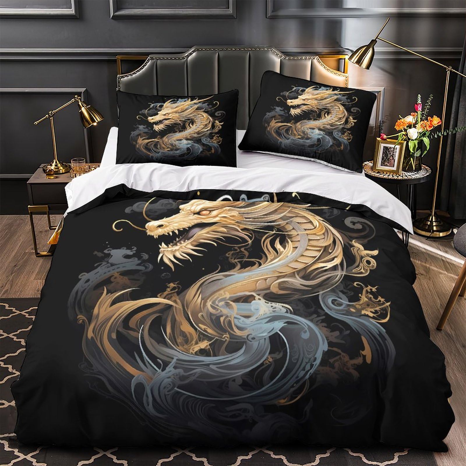 Linge de lit dragon doré imprimé 3D avec housse de couette 135x200