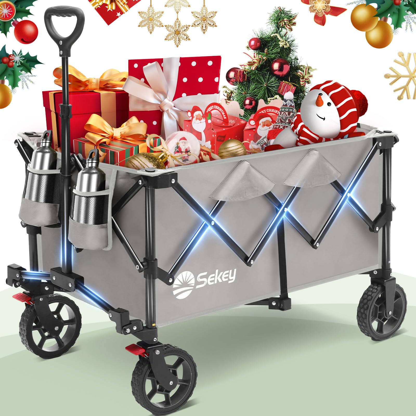 Sekey Collapsible Foldable Wagon with 330lbs Weight Capacity, Heavy Duty Folding Wagon Cart with Big All-Terrain Wheels & Drink Holders. Gray