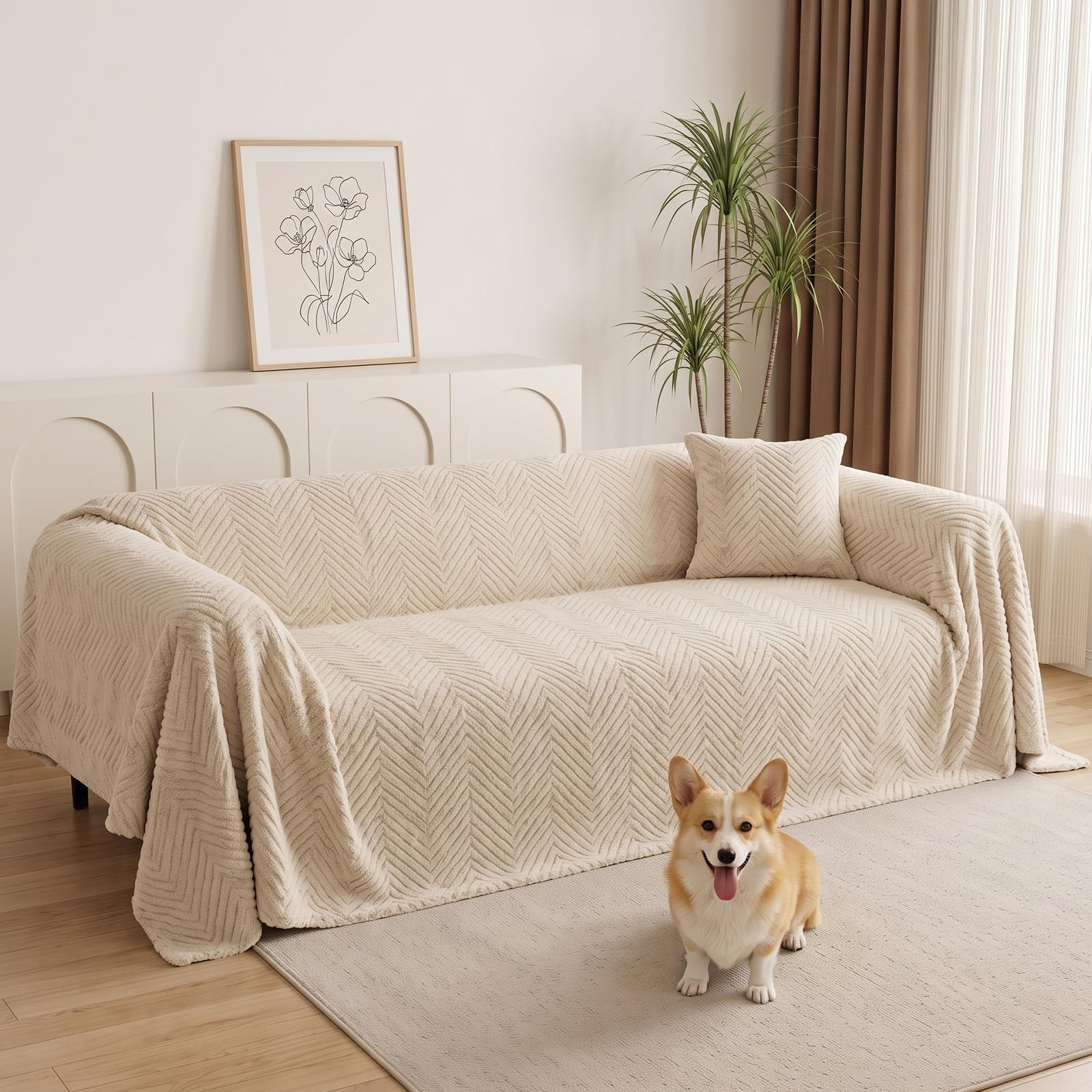 Famibay Sofa Cover 2/3/4 Seater Couch Covers Corner L Shape Sofa Protectors from Pets Washable Soft All-Season Sofa Cover for Dogs Loveseat 180x300cm Beige