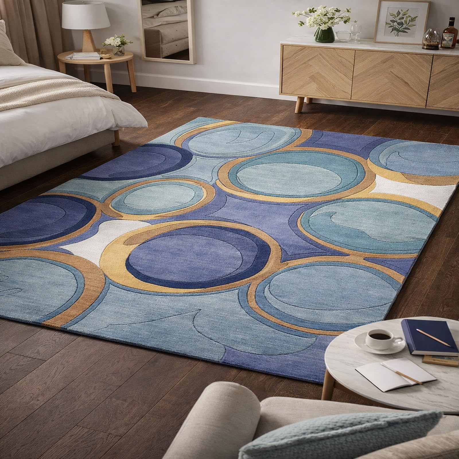 Tapis antidérapant grand format bleu géométrique à poils ras