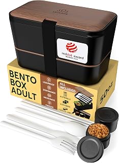 Umami Premium Lunch Box Containers w/ 4 Utensils, 2 Sauce Jars, Nestable Space-Saving Bento Box Adult, 100% Leakproof, Microwavable Lunch Containers for Adults, Walnut Black, 50 oz