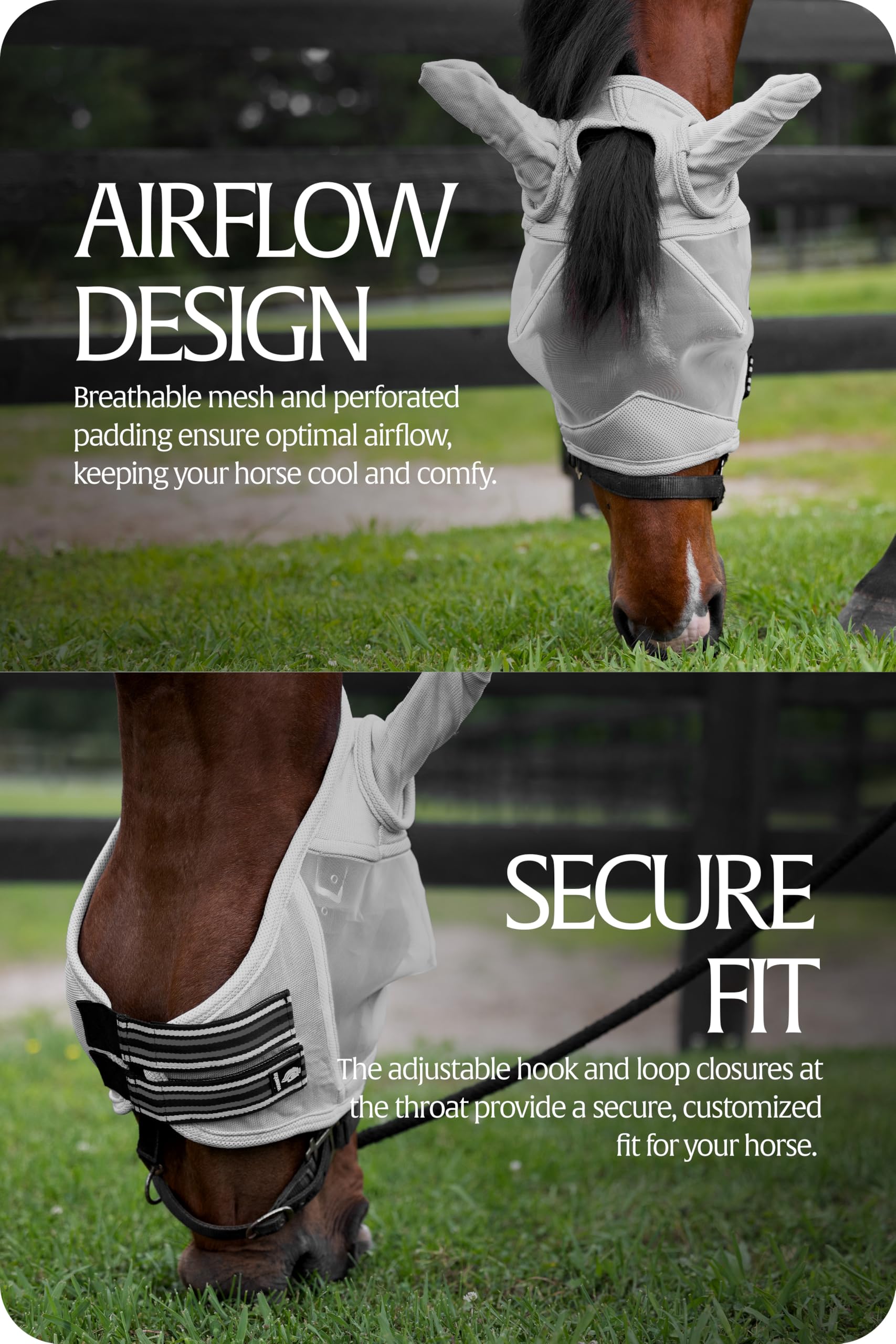 Equinavia Algard - Máscara de Malla Suave para Caballo con protección auditiva y clasificación SPF 45, sin irritación Ocular y protección UV, Color Plateado
