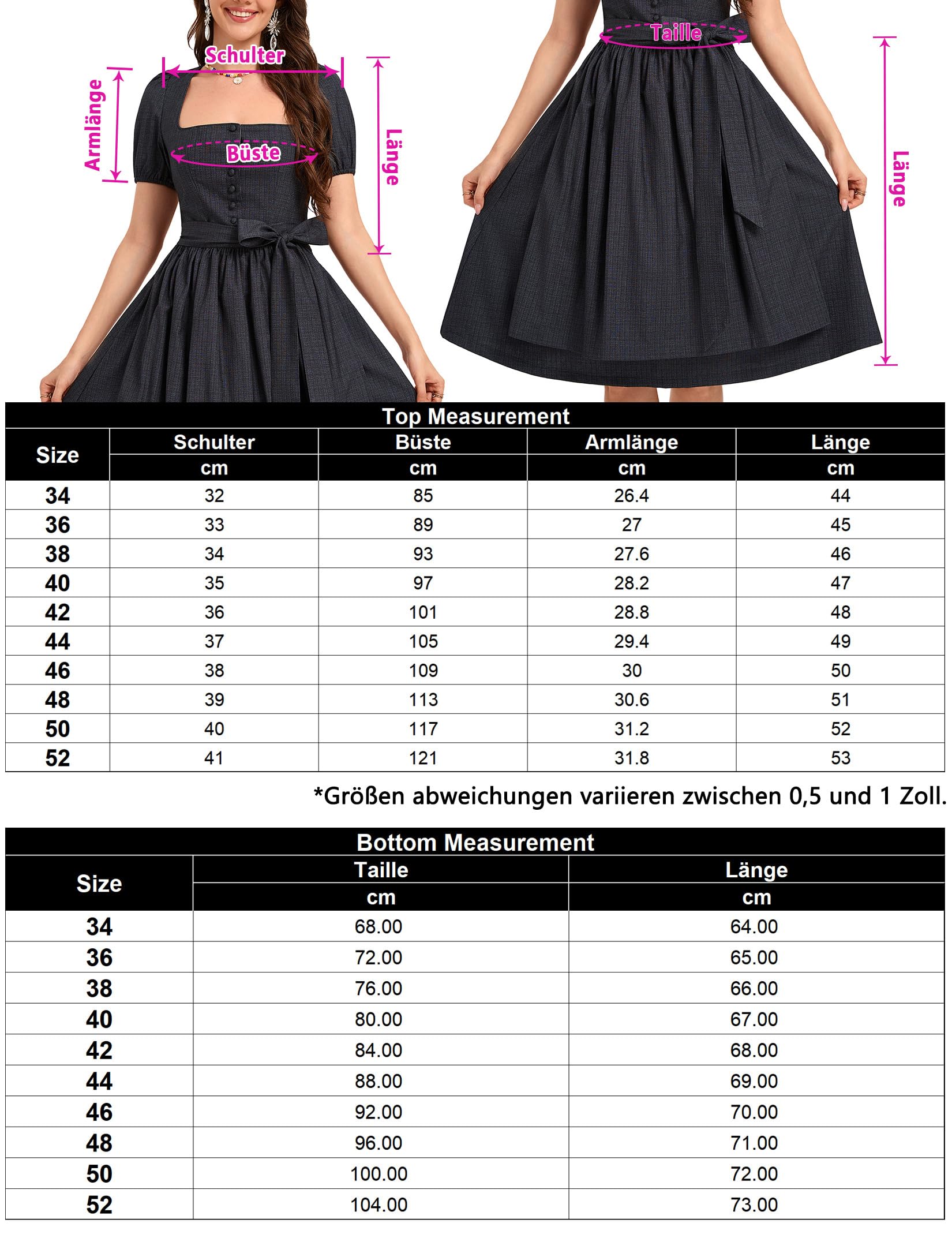 YesFashion Dirndl Damen Midi Trachtenkleid 3tlg. inkl.Dirndlbluse mit Puffärmeln, Rock und Dirndlschürze für Oktoberfest