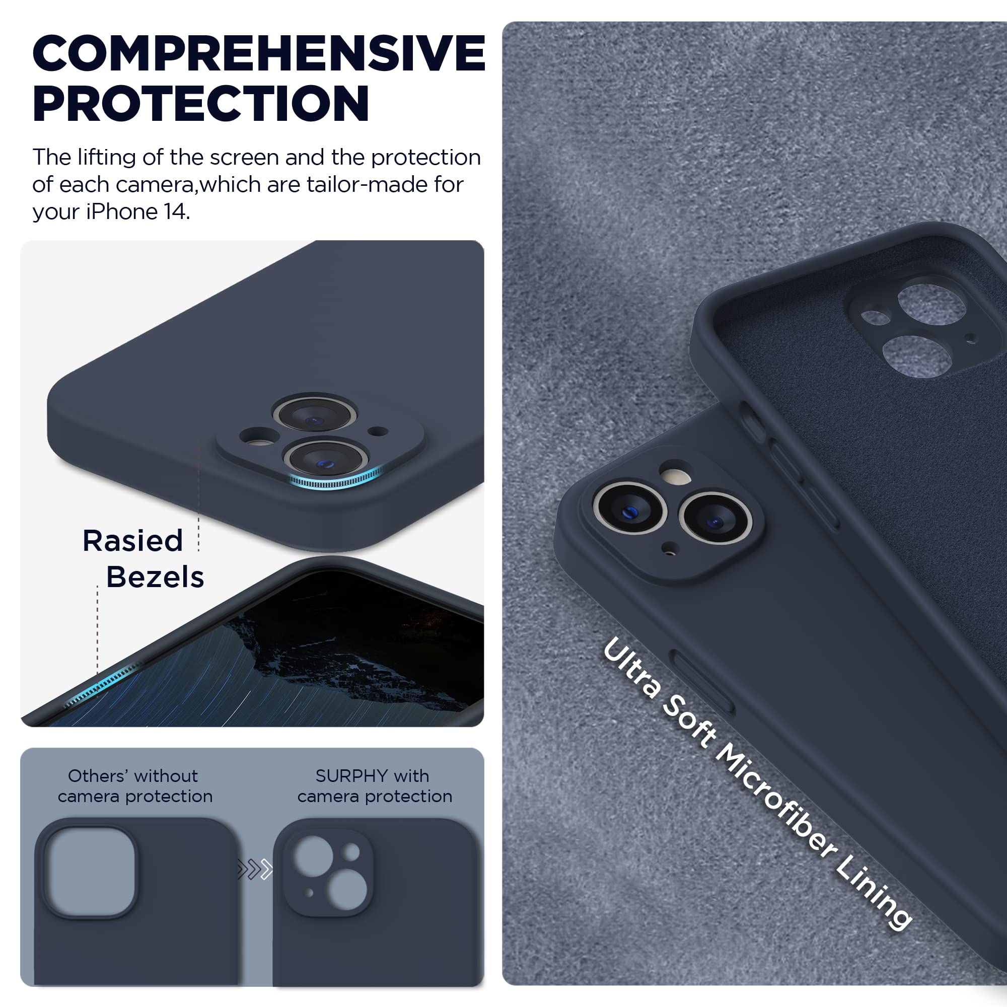 SURPHY Silicone Cover per iPhone 14 6.1 Pollici, con Vetro Temperato, Custodia Antiurto per iPhone 14, con Protezione per Ogni Lente Full Body Protettiva Case per iPhone 14 2022, Blu notte