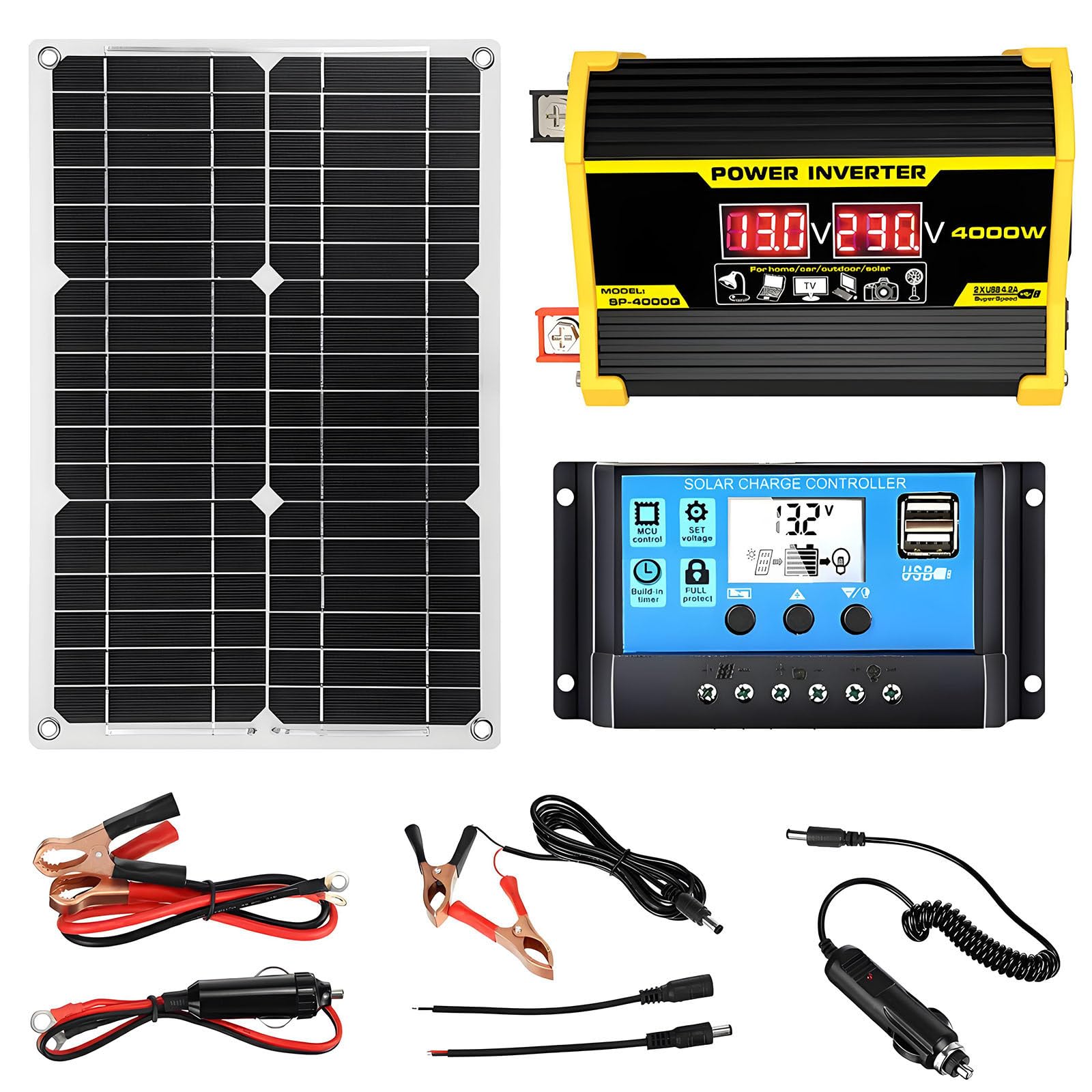 Kit Fotovoltaico con Accumulo da 400W, con Inverter da 12V a 110V/220V, Controller da 30A E Pannello Solare da 18W, per Backup Domestico, Camper, Alimentazione Fuori Rete Black-220V