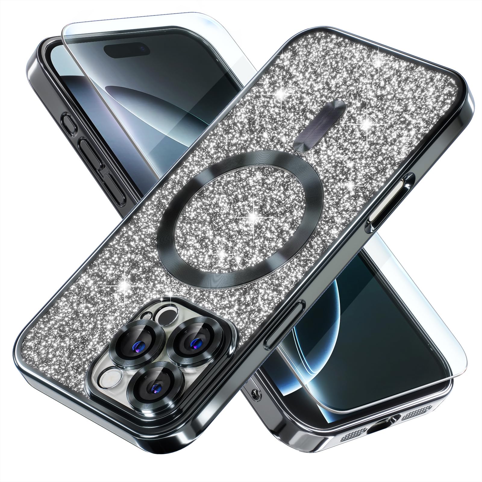 Misea Magnetic for iPhone 16 Pro Max Case Compatible with MagSafe [Military Grade Drop Protection] Full Camera Lens Protector Plating Glitter Soft
