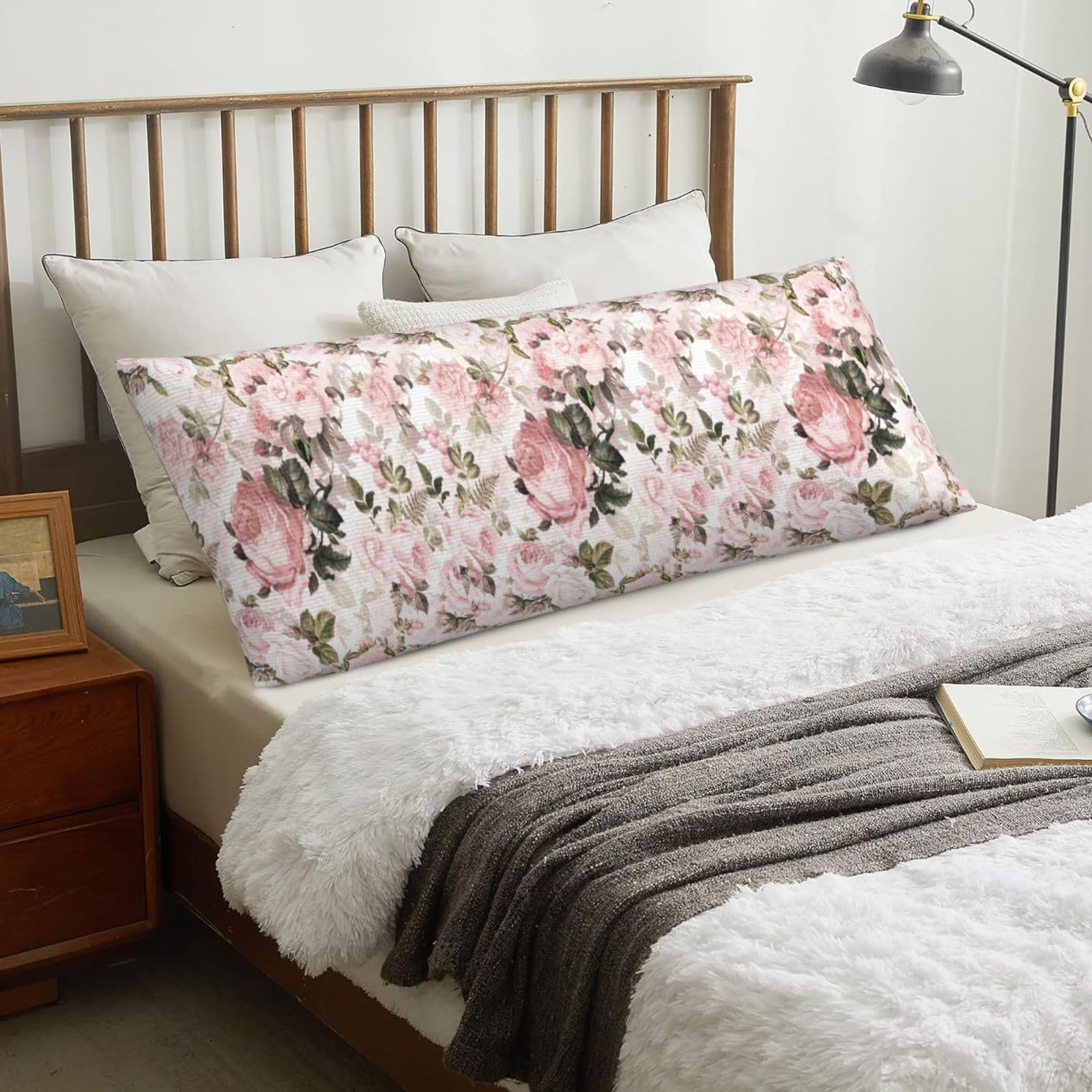 Vintage Shabby Chic Sepia Pink Roses, Body Pillow Cover with Zipper,Long Body Pillowcase 20 x 60 in