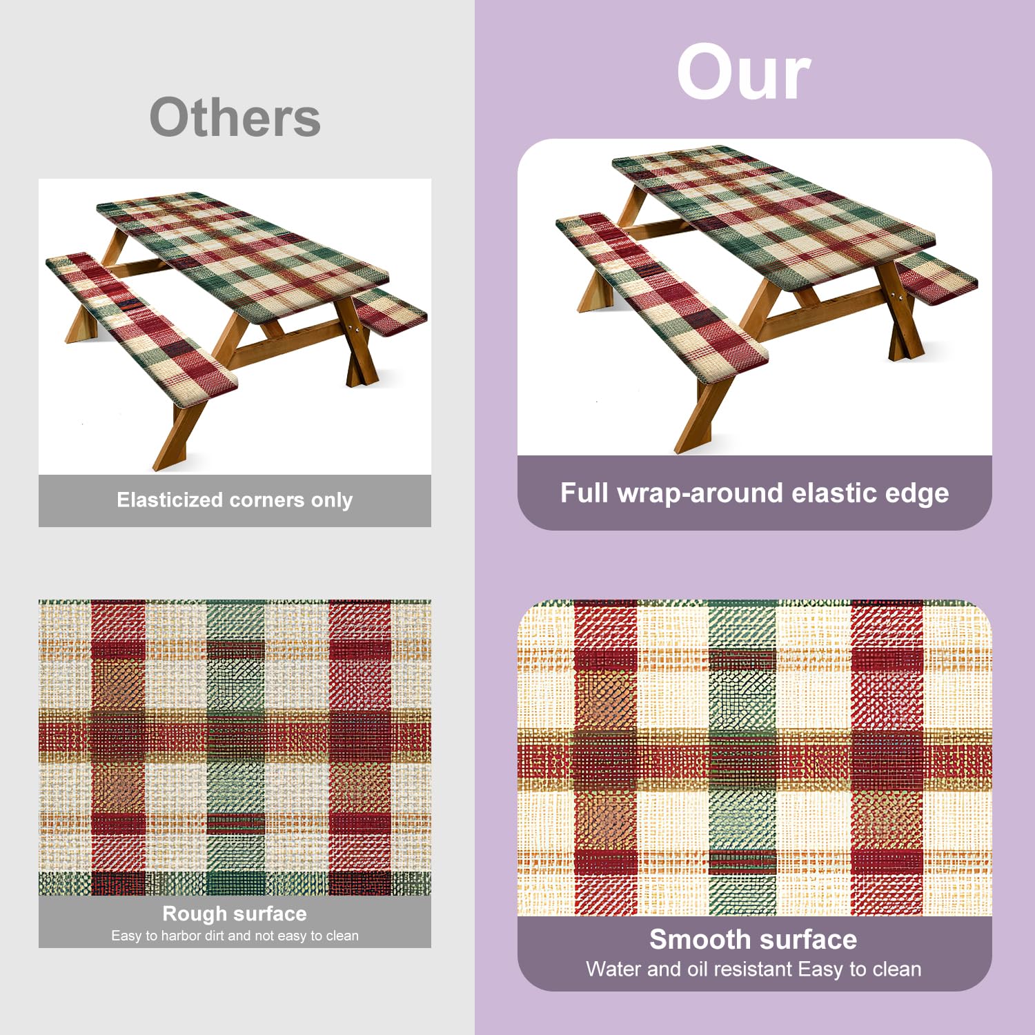 Nappe Table Pique Nique 6FT Carreaux Rouge Vert Lot de 3, Housse Imperméable Extérieur 72"x30" avec Housses Banc