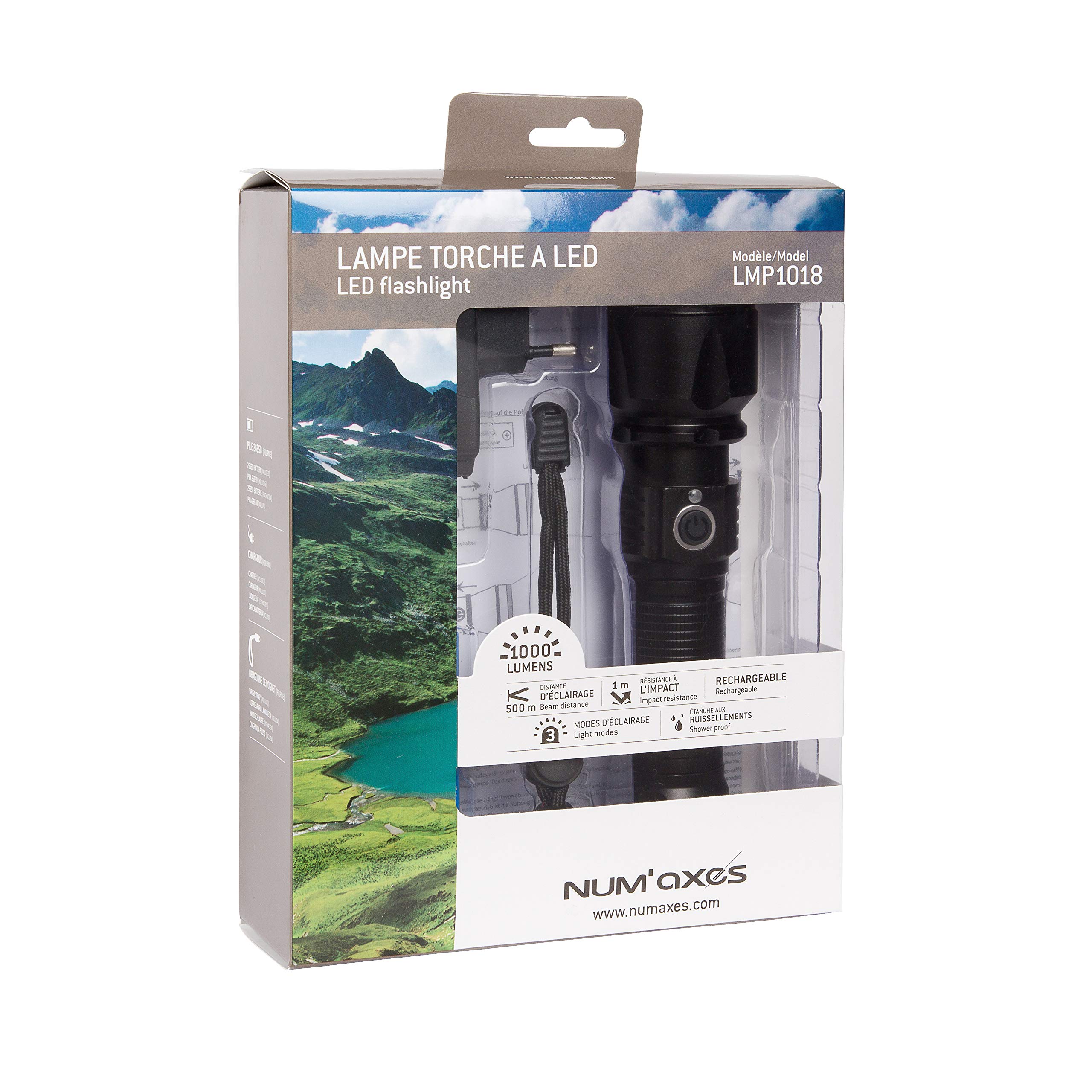 NUM'AXES Lampe Torche à LED LMP1018 Puissance maximum : 1000 lumens - Distance d'éclairage maximum : 500 m - 3 modes d'éclairage