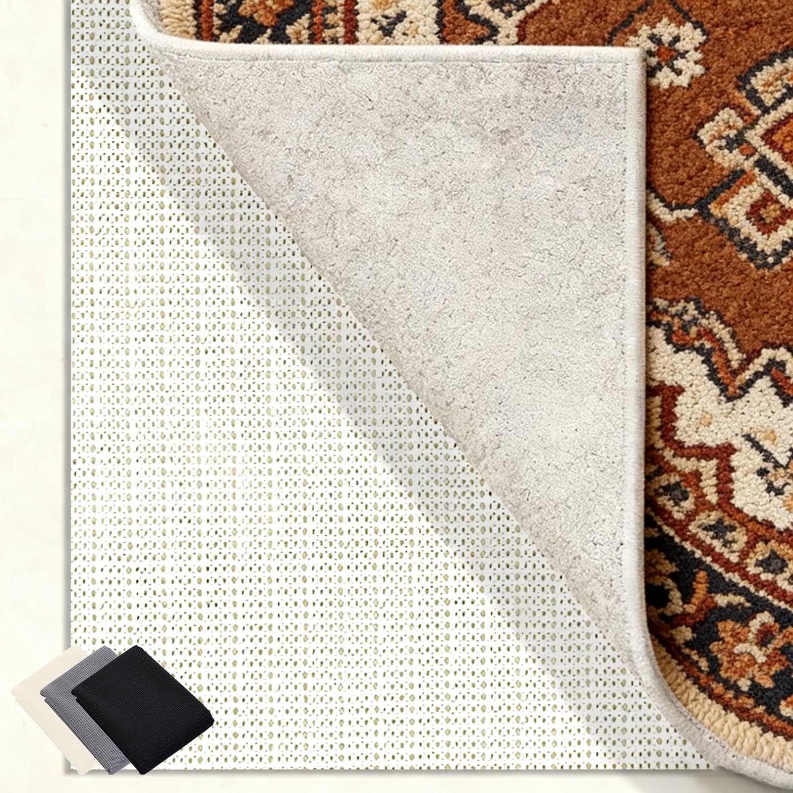 Rutschmatte Teppich 205 x 300 cm Waschbare, Wiederverwendbare, Hält Ecken Flach, Zuschneidbar, Anti-Rutsch-Matte für Teppiche Universell Einsetzbar für Alle Böden, Weiß