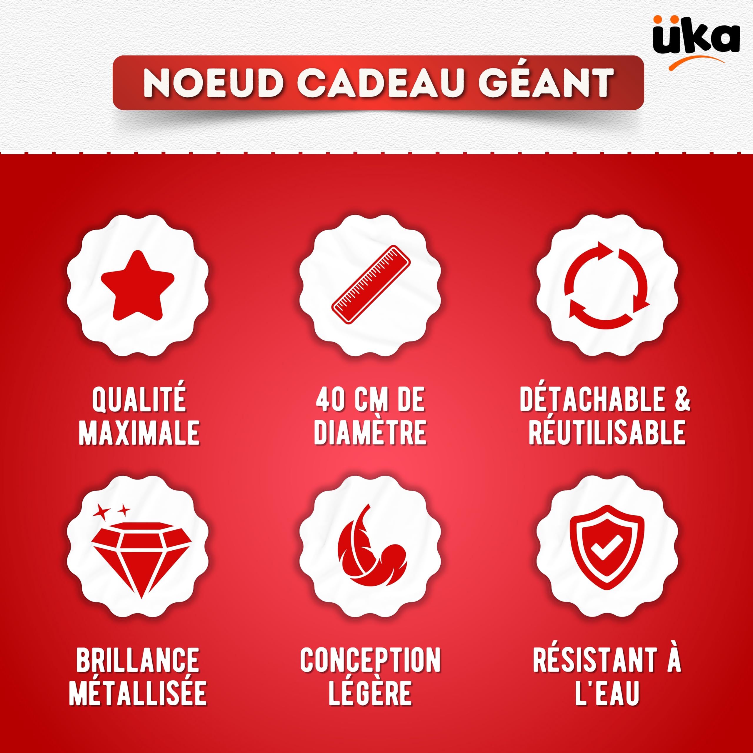 Üka • Noeud Cadeau Géant. Diamètre 40 cm. Grand Noeud Cadeau pour Voitures, Vélos et Électroménagers. Gros Noeud Rouge avec Conception Auto-assemblable et Réutilisable.