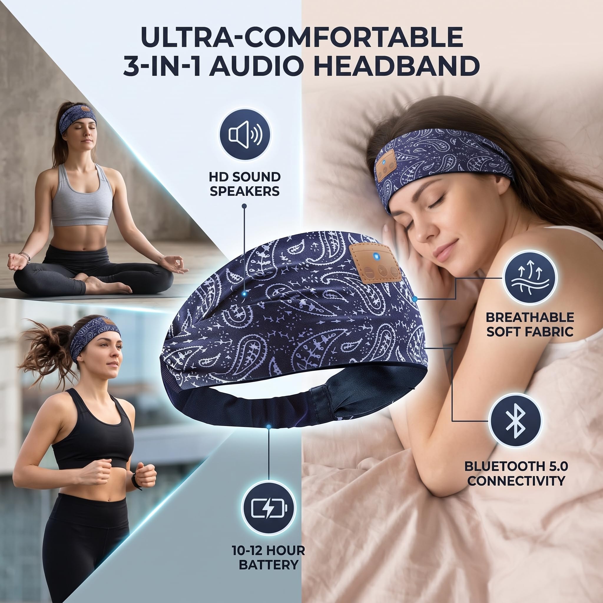 Fascia Bluetooth per Dormire, Cuffie Wireless Morbide Regolabili con Audio Stereo, Comode per Sonno Profondo, Leggere e Senza Cavi, Ideali per Viaggio e Relax