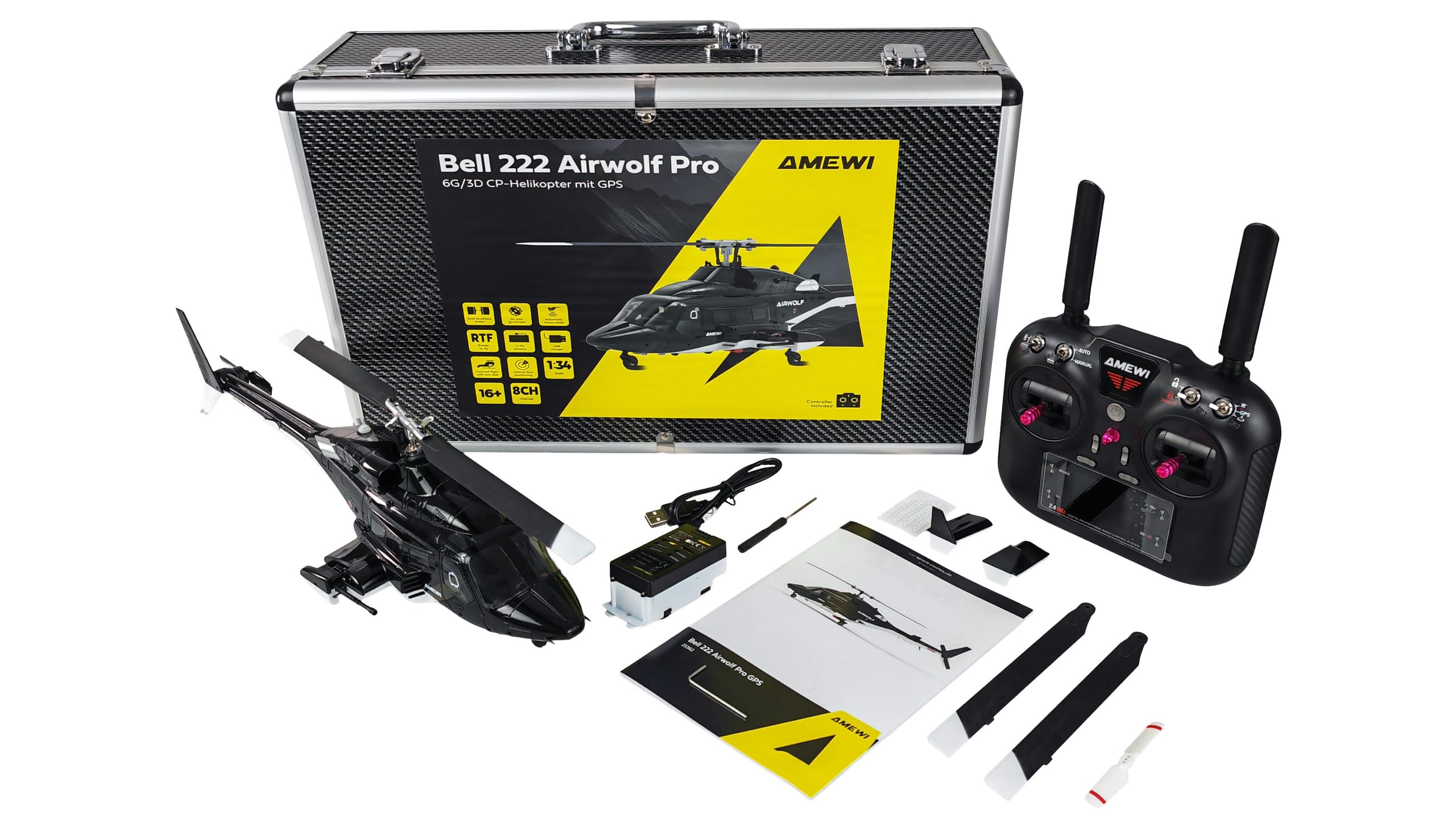 Amewi Bell 222 Airwolf Pro GPS Helikopter 8-Kanal 3D/6G RTF ferngesteuert RC, Schwarz