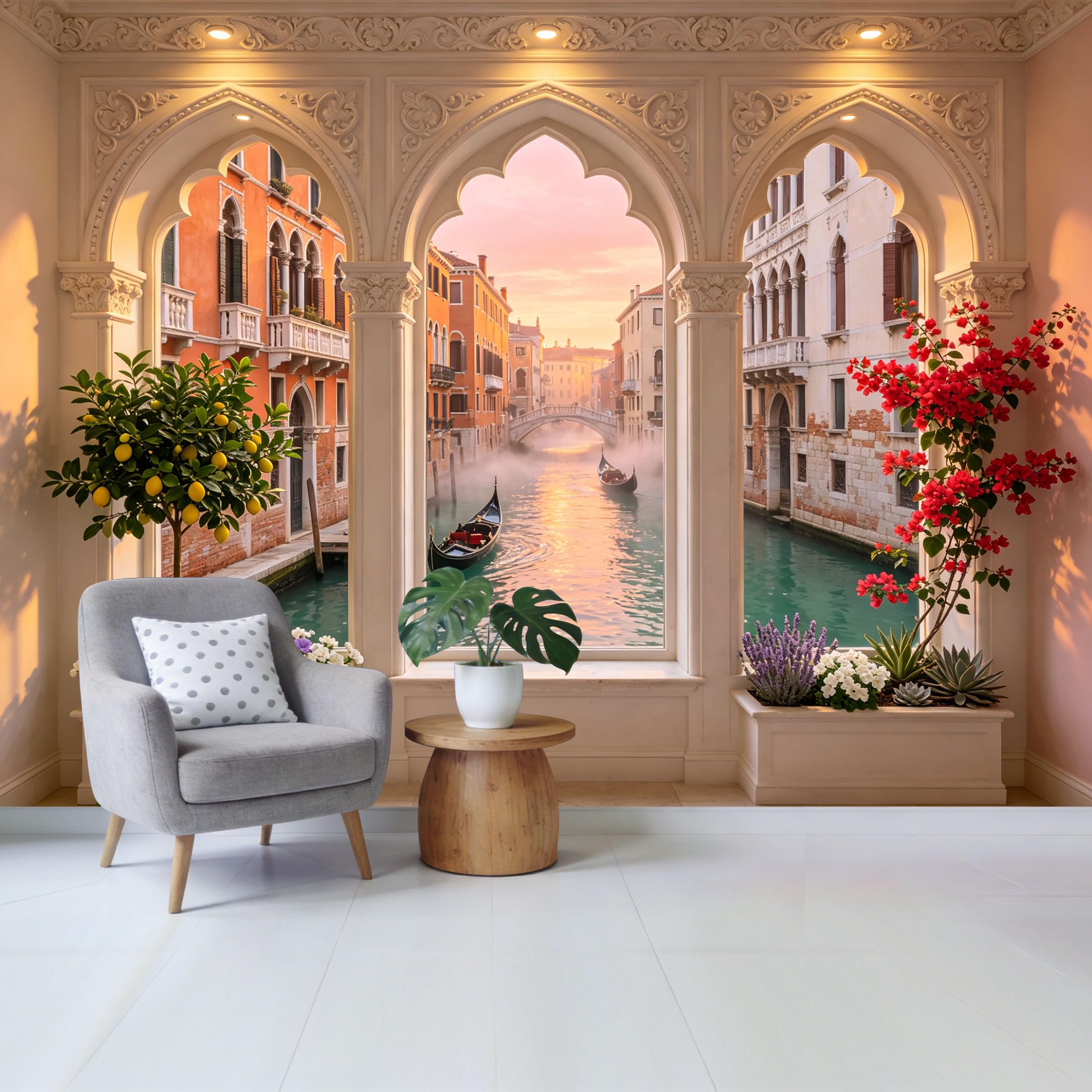 Removable Self Adhesive Fabric Mural， Venetian Canal Gondola Cityscape Custom Size Wall Covering， UV Protected Waterproof Washable Wall Decor for Living Room Bedroom Bathroom