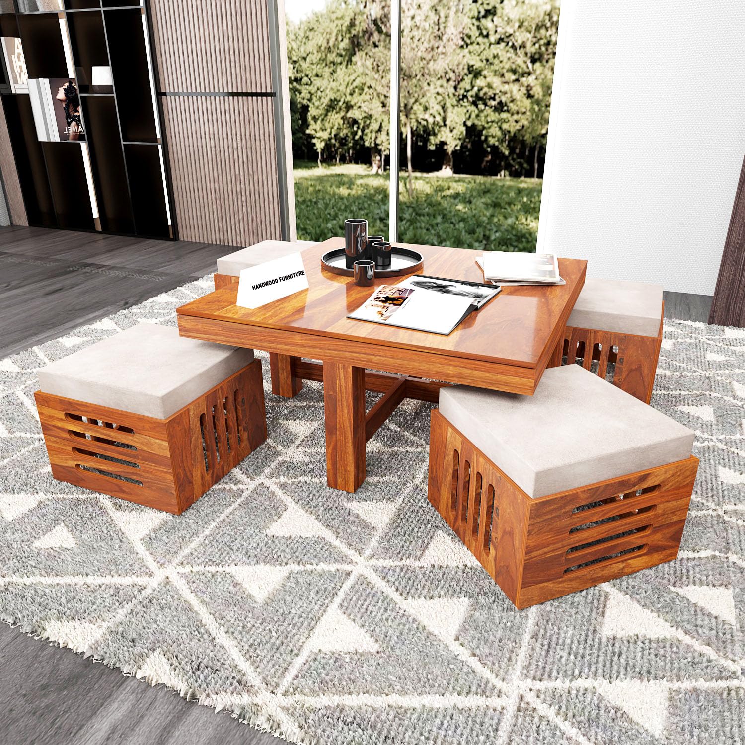 HANDWOOD FURNITURE Premium Sheesham Wood Coffee Table for Living Room | Solid Wood Coffee Table, Center Table, Tea Table | Wooden Coffee Table with 4 Stool | Best Furniture for Home |Honey Finish