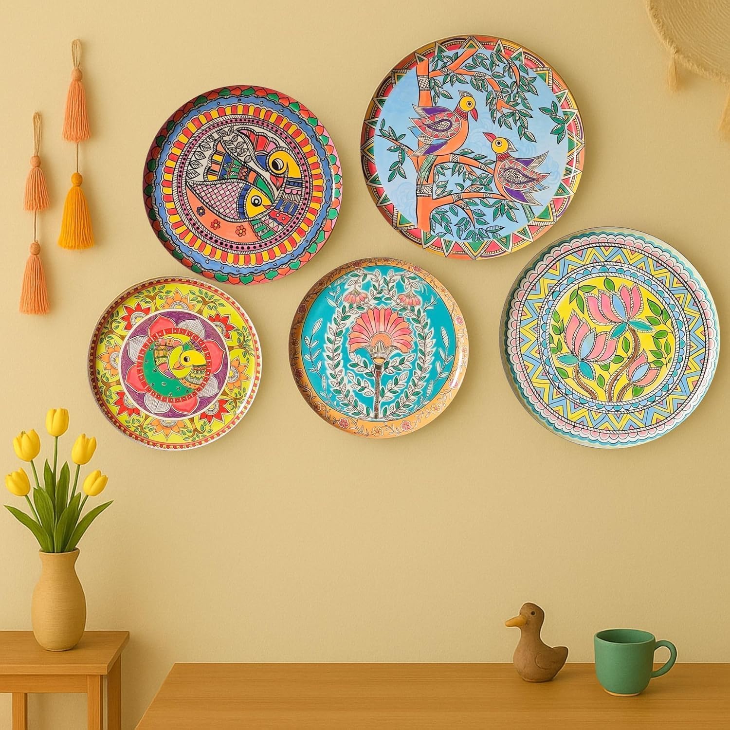 RITUALISTIC Madhubani Wall Plates for home decoration | Wall decor items for living room | Metal Wall décor | Gift items for unisex |wall art | wall showpiece| Home Décor Gift Items | Set of 5 plates