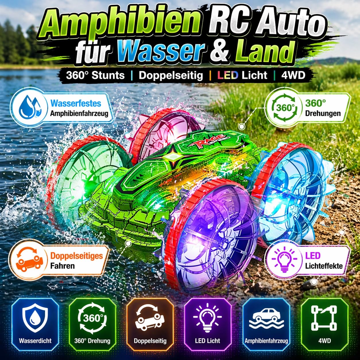 Ferngesteuertes Auto Amphibienfahrzeug Kinder, RC Auto Wasser & Land mit 2 Akku, 360° Drehung, Doppelseitiges Fahren, LED Licht, 2.4GHz RC Truck für Kinder ab 6 7 8 9 10 11 12 Jahre Jungen Mädchen