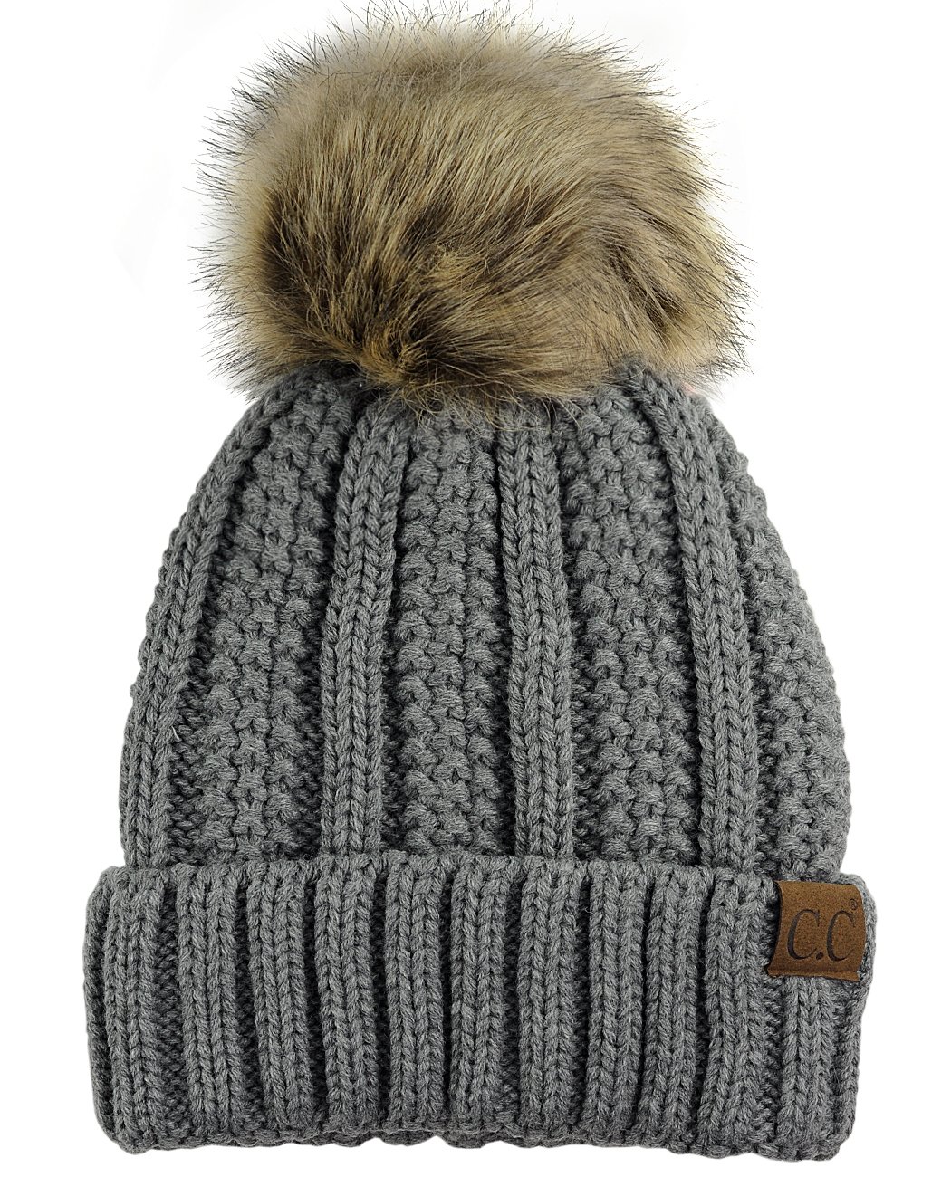 C.c Women's Light Melange Gray Fleece Lined Cable Knit Faux Fur Skull Cap Beanie With Pom, Lt Melange Grey