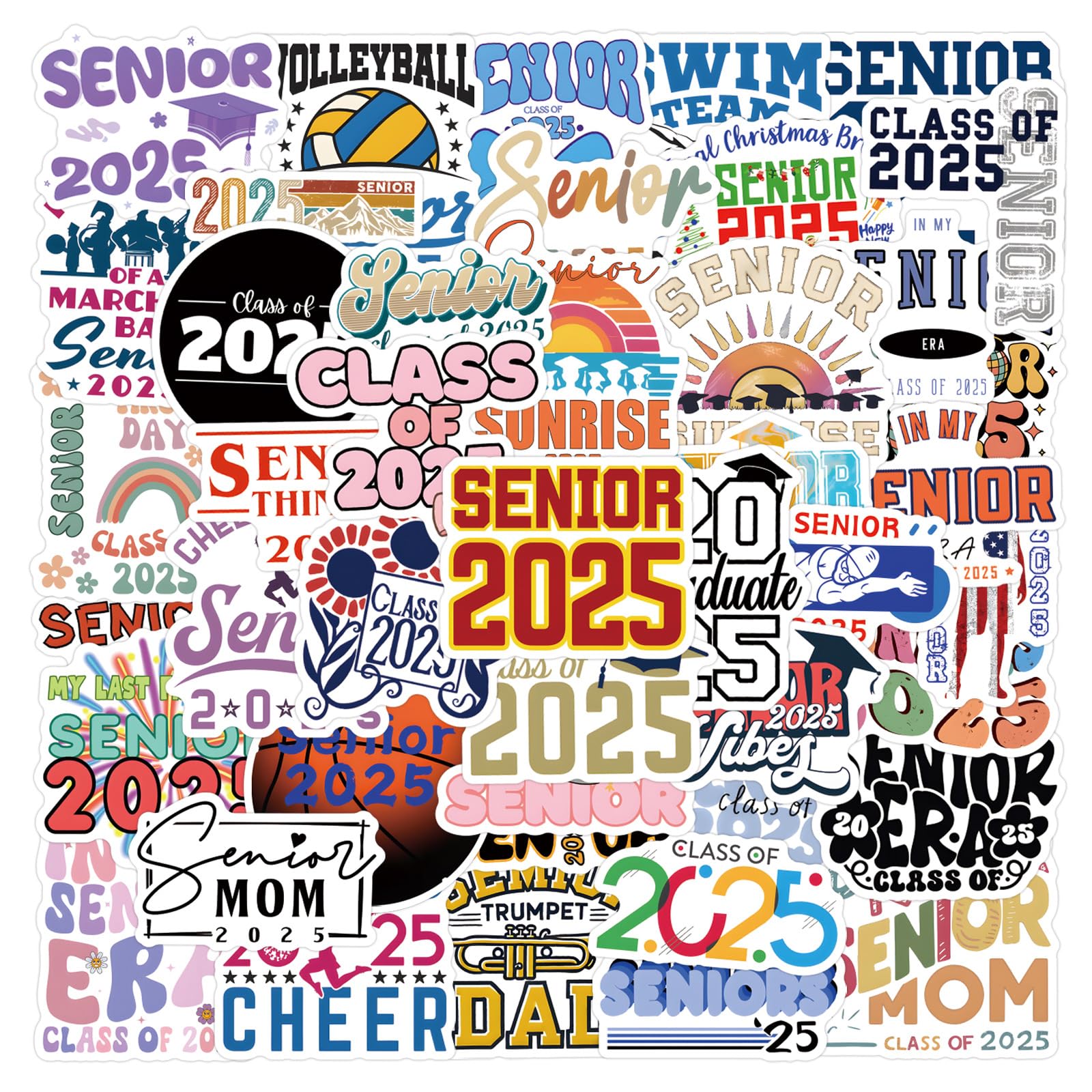 50Pcs Senior 2025 Stickers Laptop Car Scrapbook Phone Skateboard Suitcase Luggage Bike Senior 2025 Vinyl Waterproof Aesthetic Personalised Stickers for Teens Boys Girls Adults